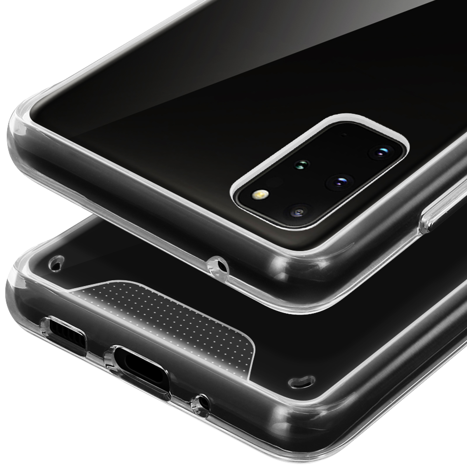 Custodia trasparente per telefono con telefono nero e obiettivi.