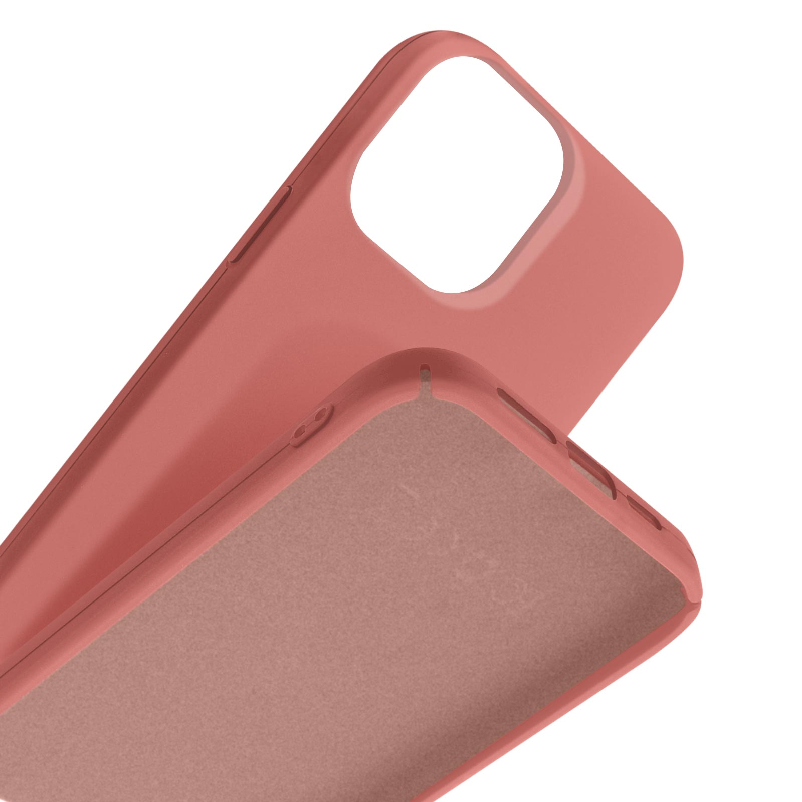 Une coque de téléphone rose avec découpe pour appareil photo. L'intérieur est marron doux.