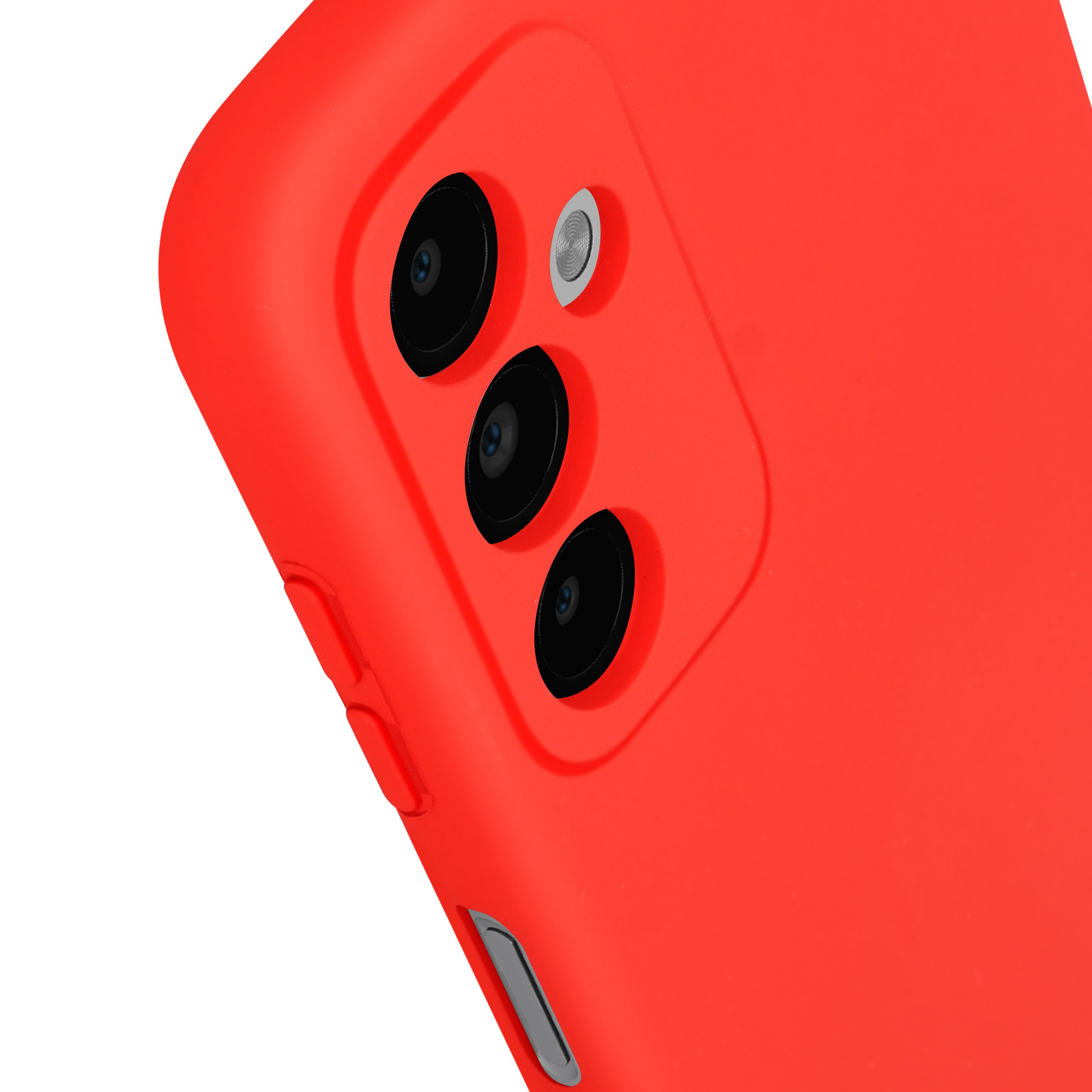 Custodia rossa per telefono con tre obiettivi e flash.