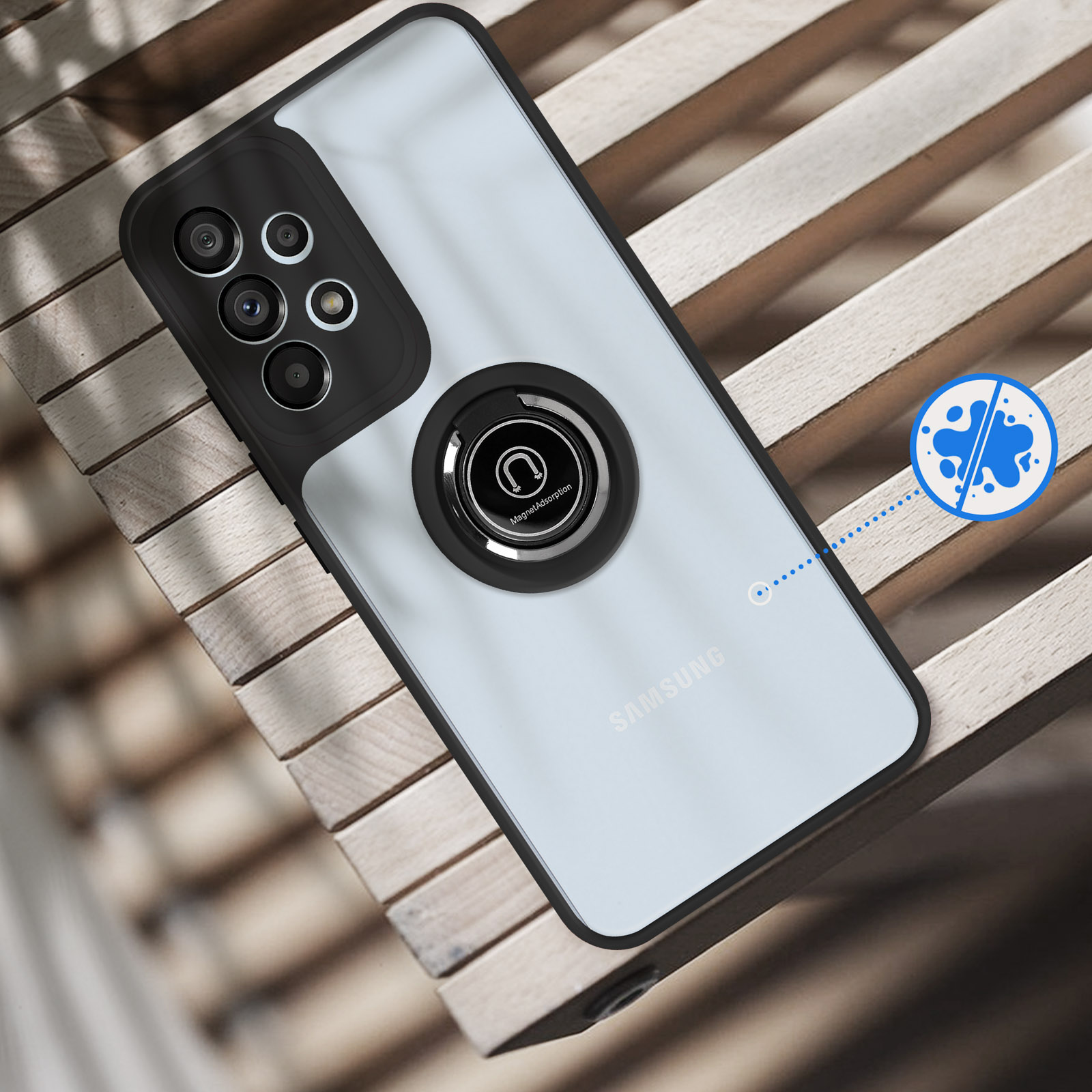 Retro di un telefono Samsung bianco con custodia nera, anello magnetico e icona schizzo blu.