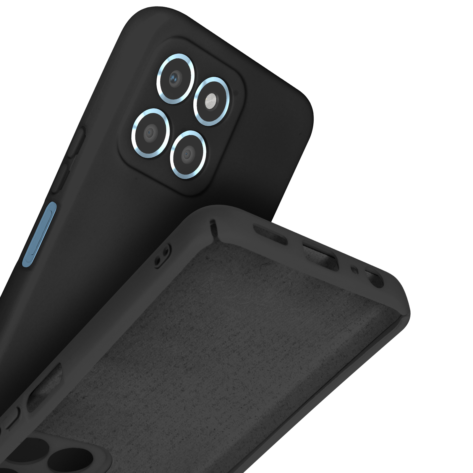 Coque de téléphone noire avec quatre caméras et intérieur en tissu.