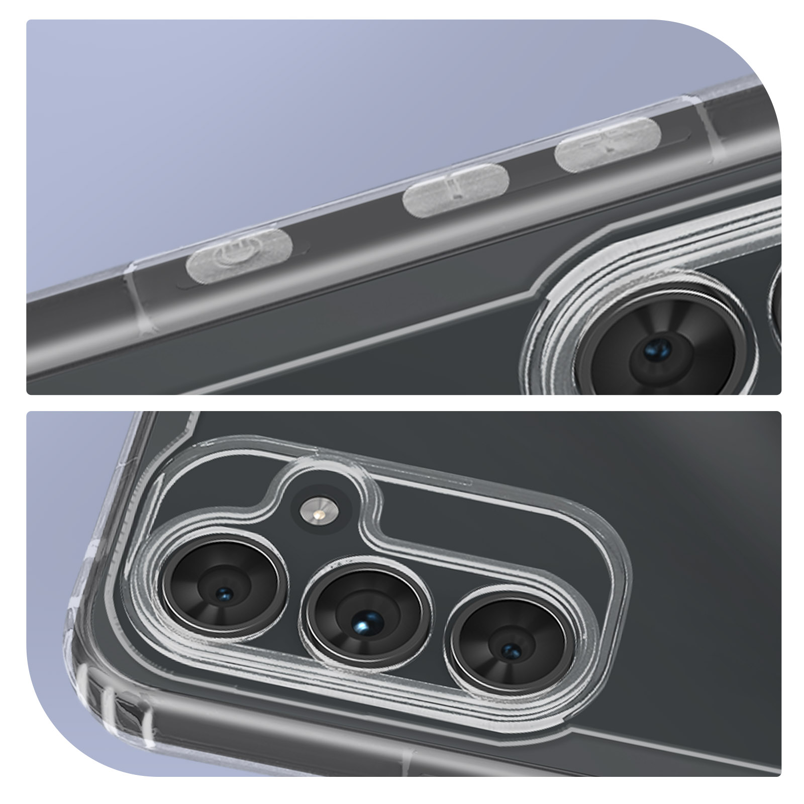Gros plan d'une coque de téléphone transparente avec trois appareils photo et boutons.