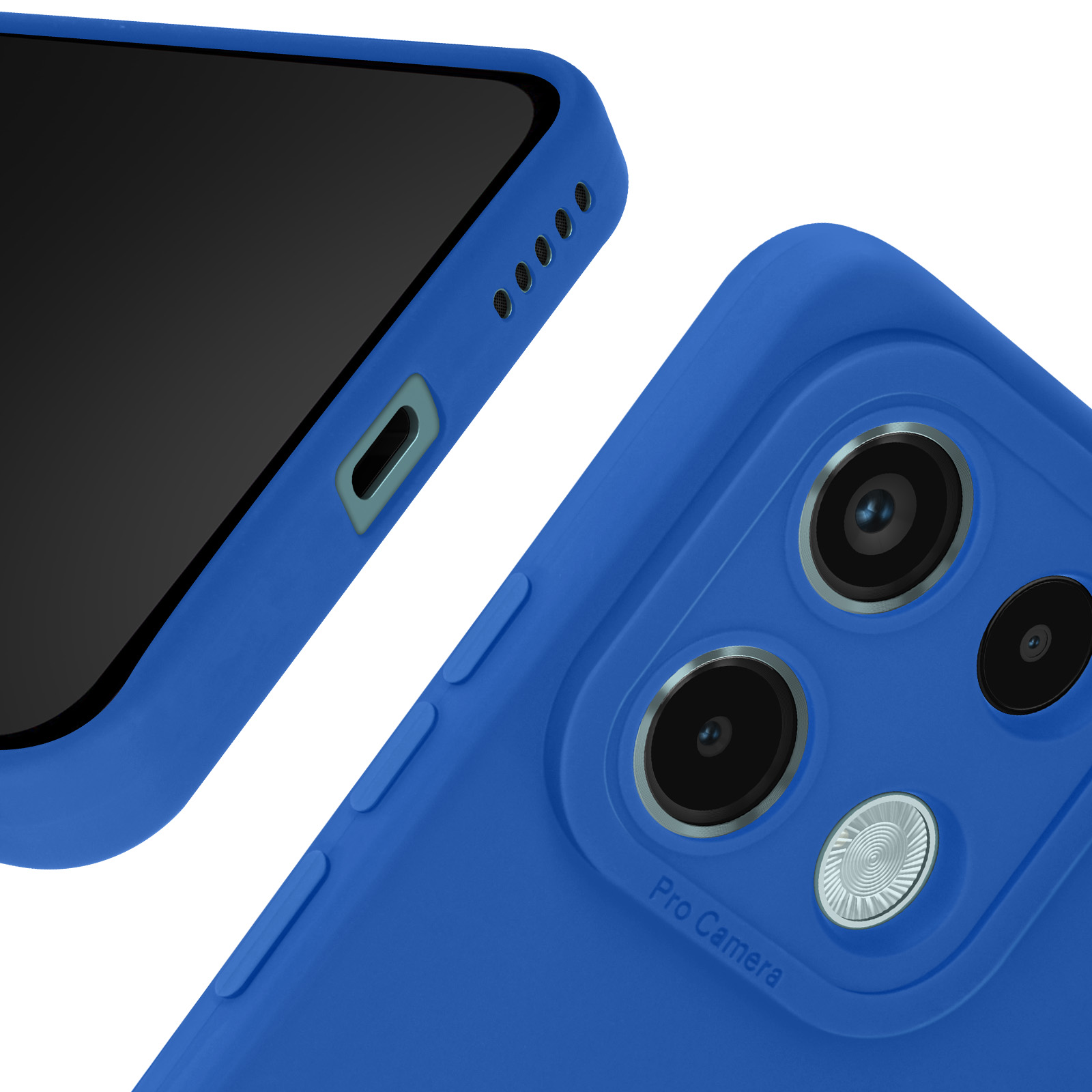 Blauwe telefoonhoes met cameramodule en "Pro Camera" tekst.