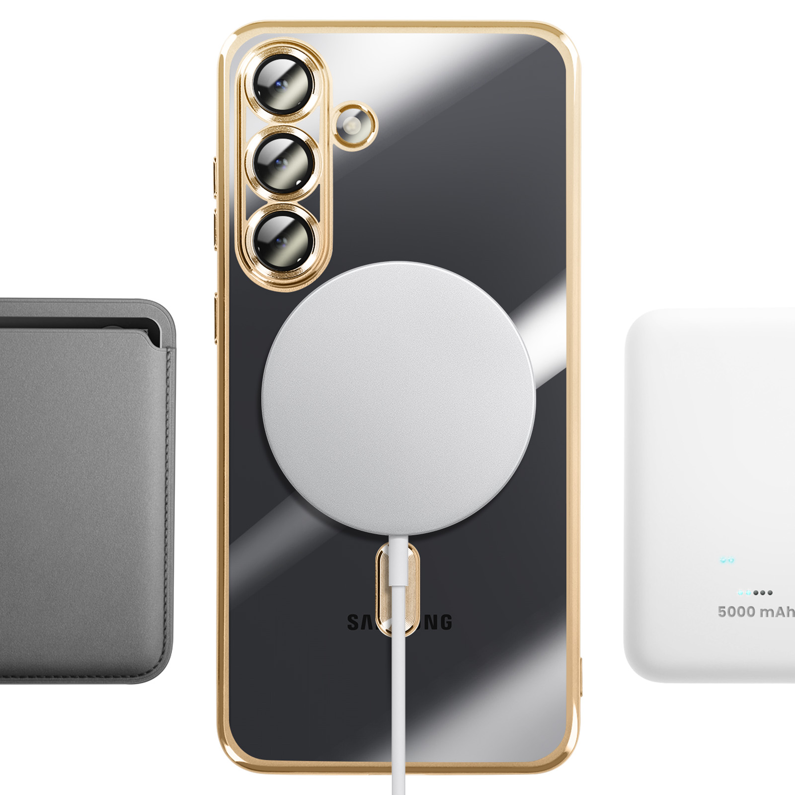 Smartphone met camera's, hoesje, oplaadkabel en powerbank op wit.