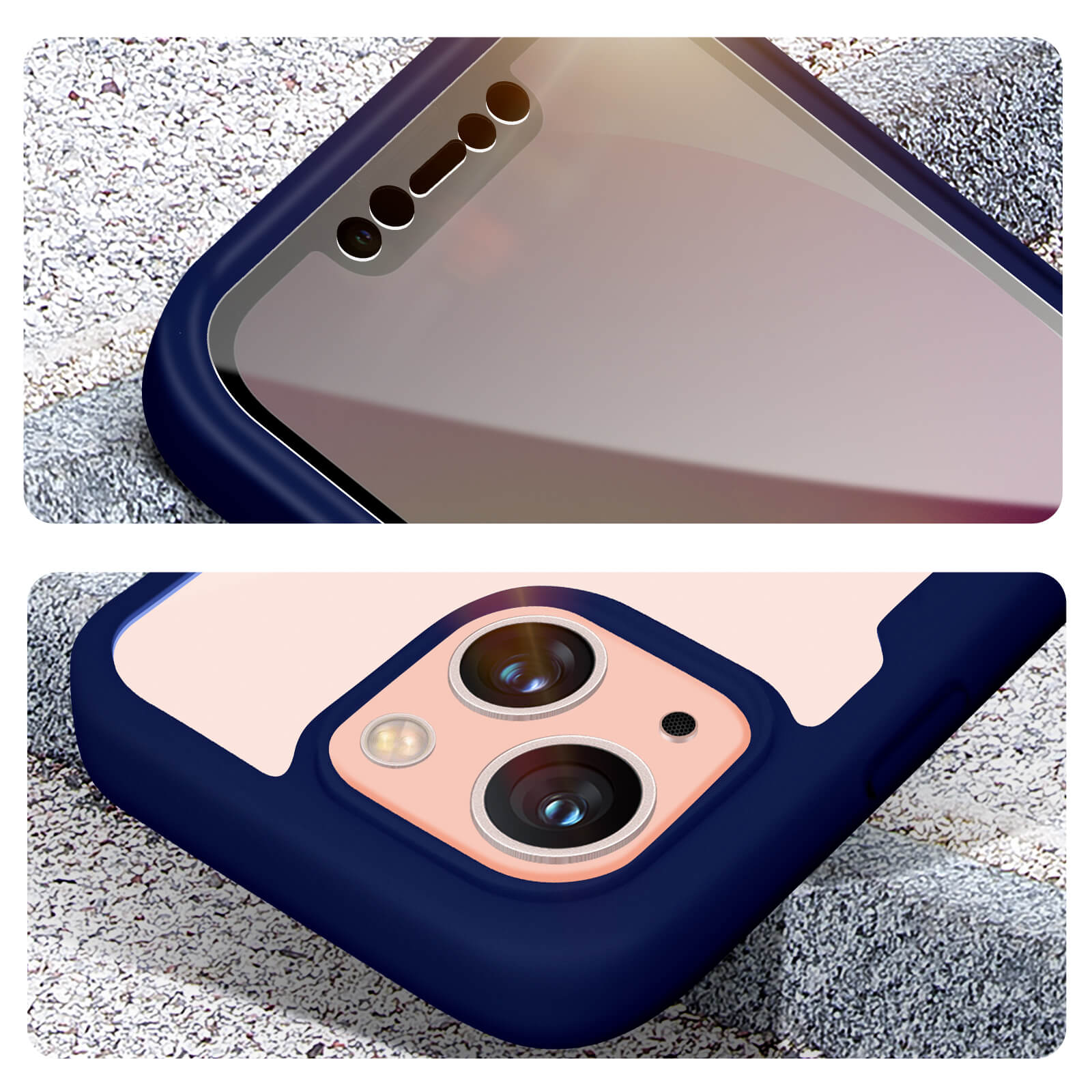 Donkerblauwe telefoonhoes met twee cameralenzen en flitser op lichtroze achtergrond.