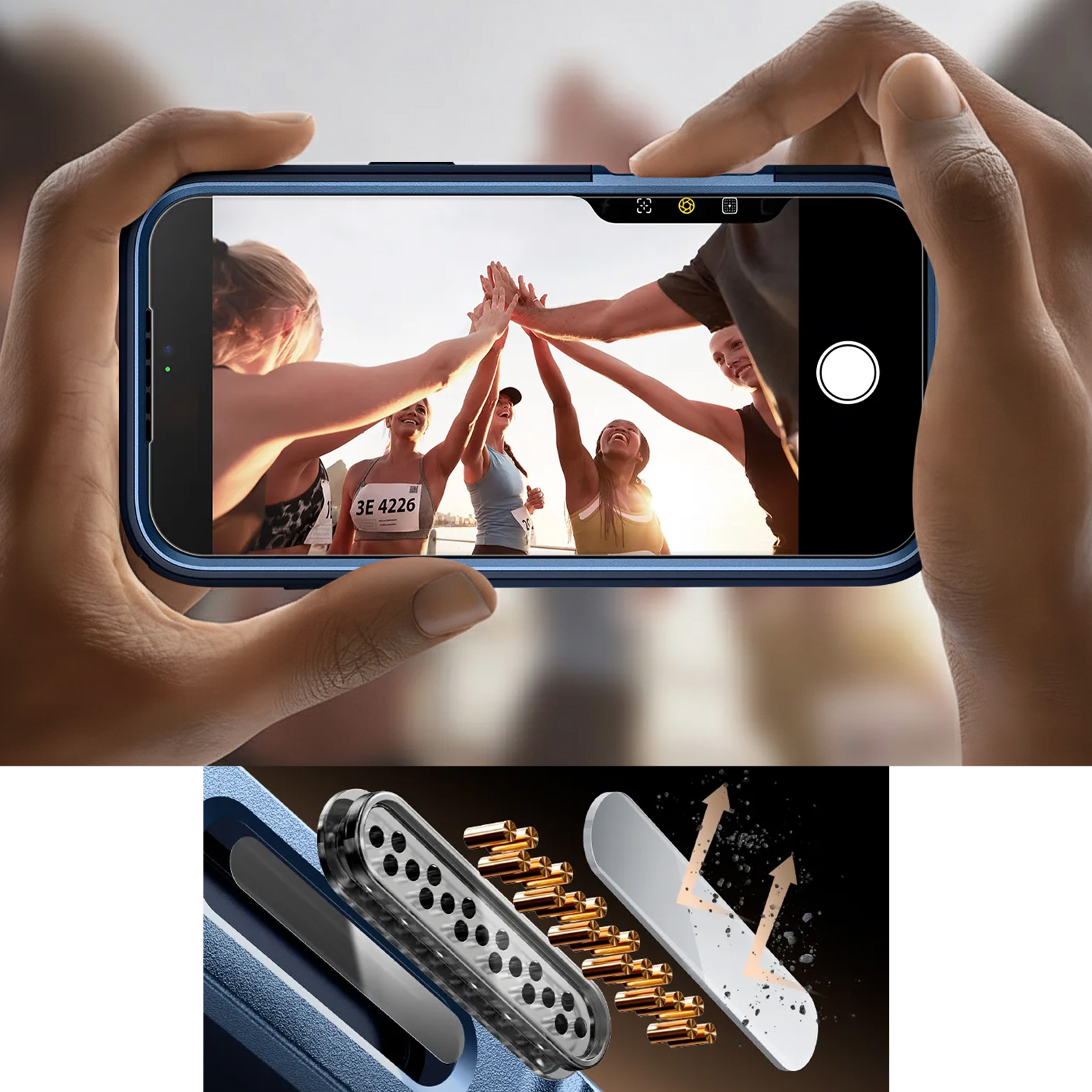 Handen houden een smartphone vast met een team hardlopers die high-fiven.