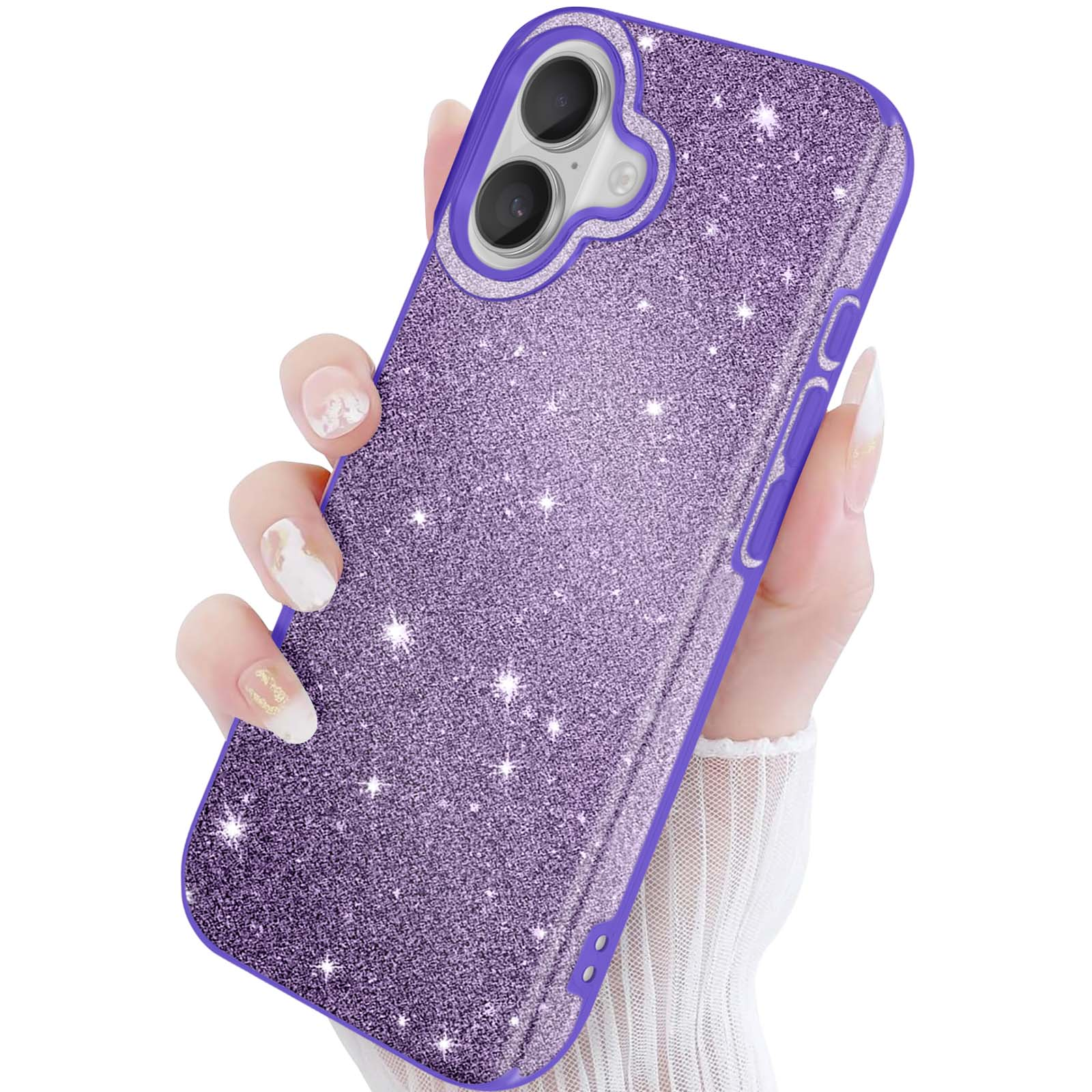Paarse glitter telefoonhoes met twee camera's, vastgehouden door een hand.