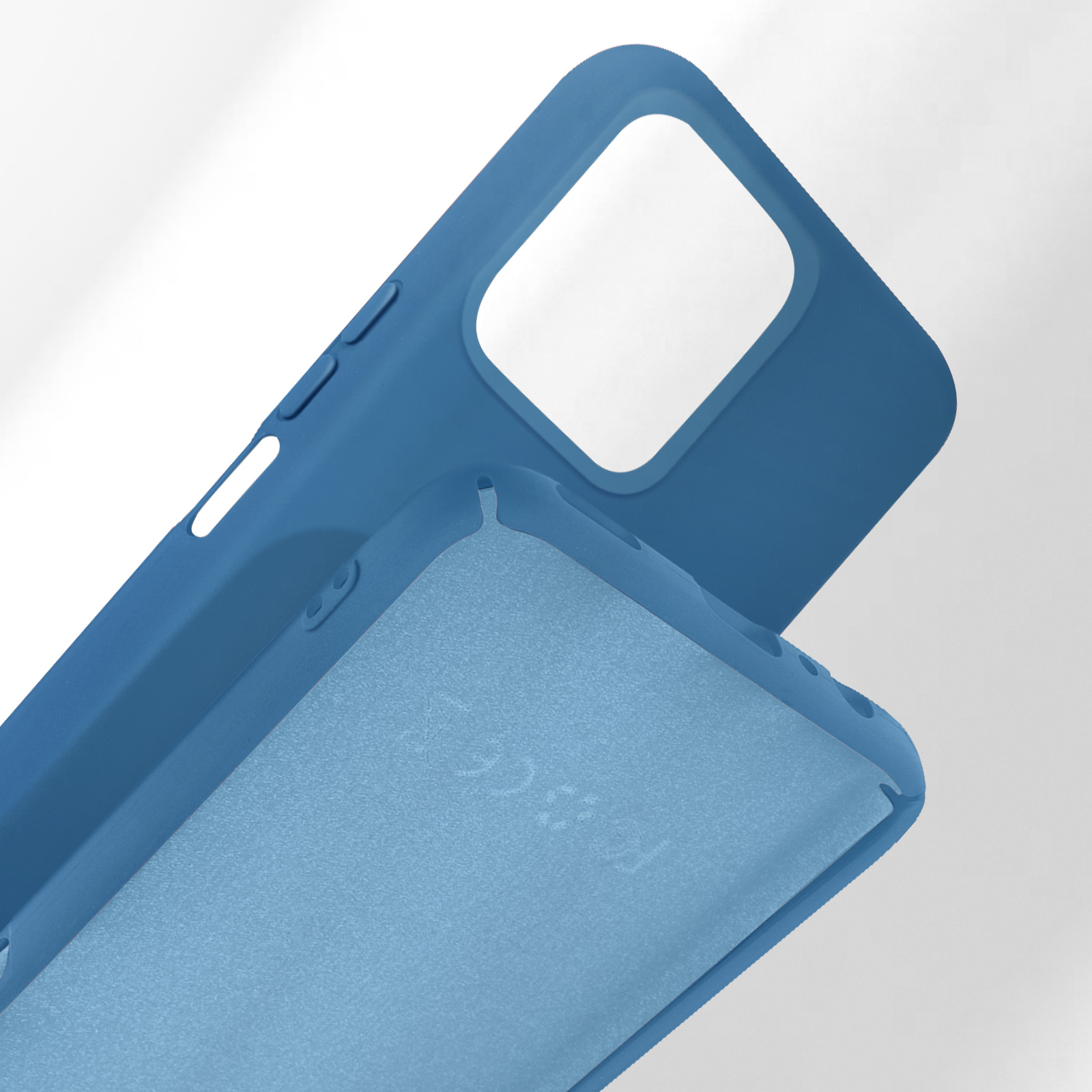 Una custodia blu per telefono su sfondo bianco, con ombre.