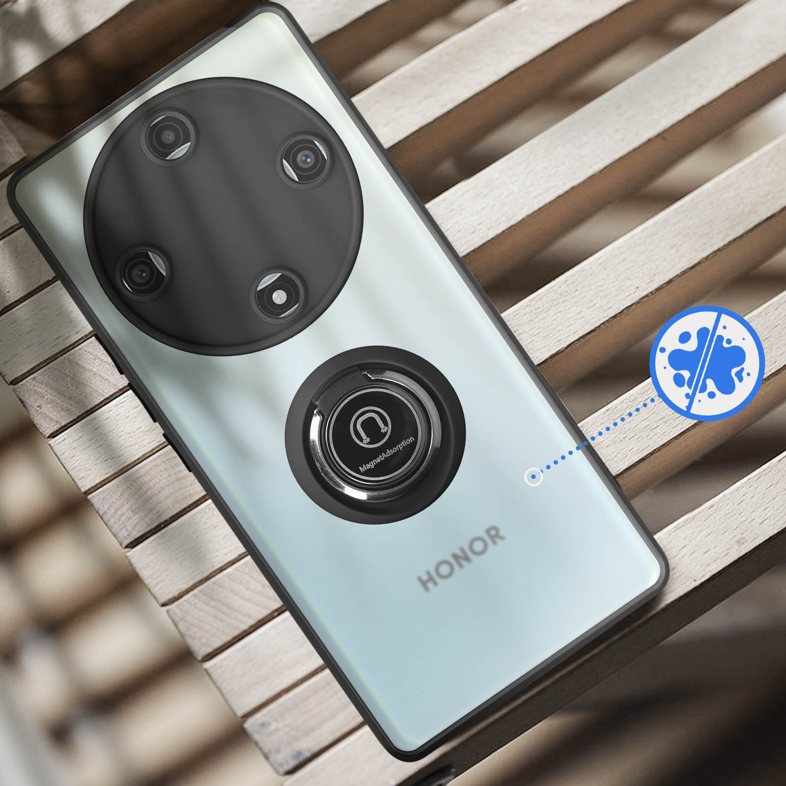 Uno smartphone Honor azzurro con anello magnetico giace su doghe di legno.