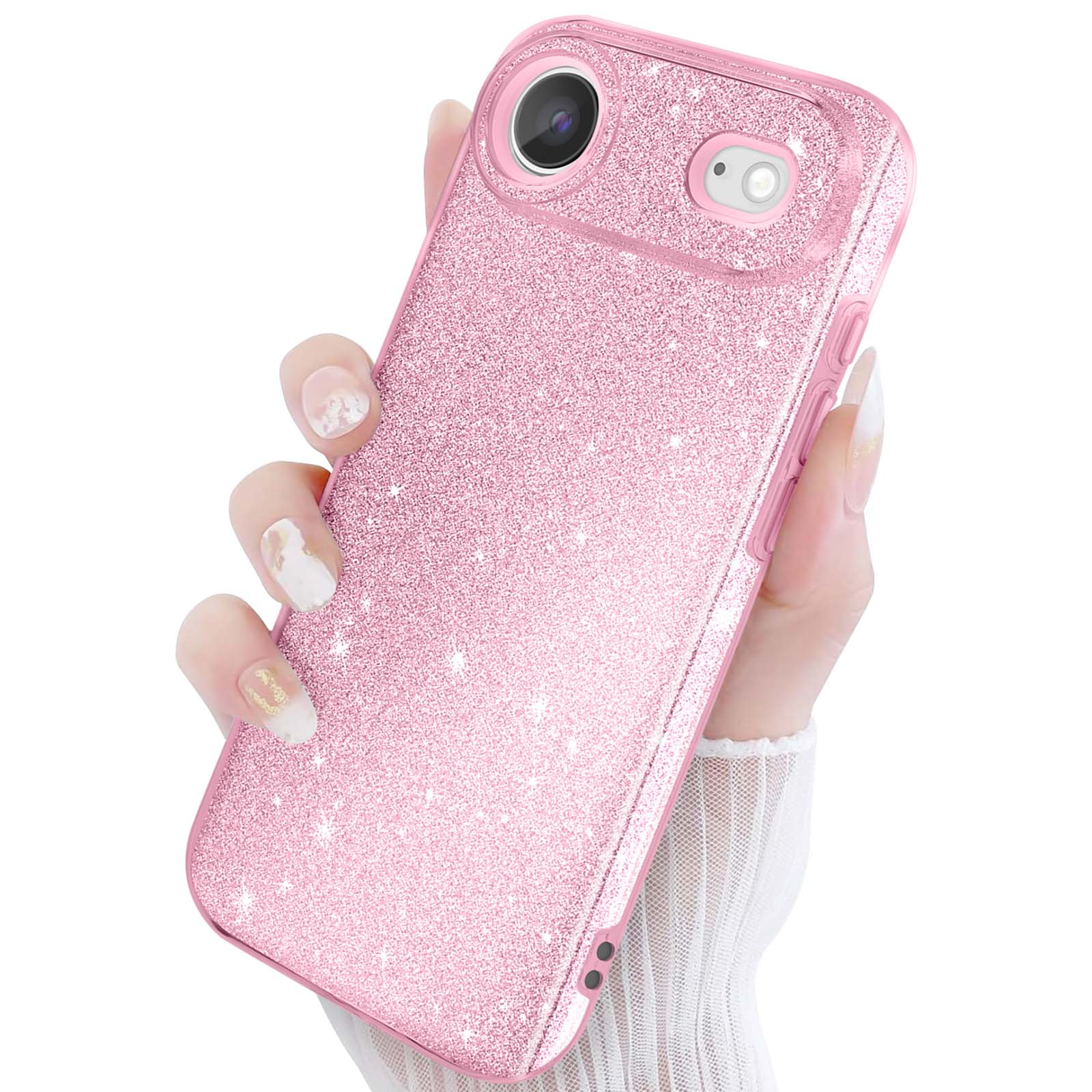 Een hand houdt een glinsterende roze telefoonhoes met dubbele camera vast.