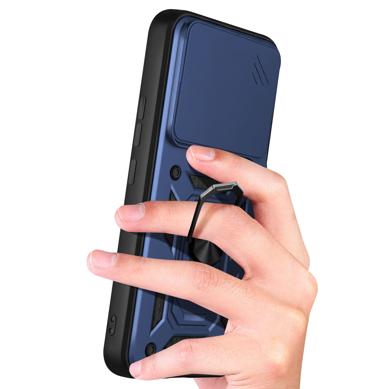 Une main tient un étui de téléphone bleu avec un support anneau.