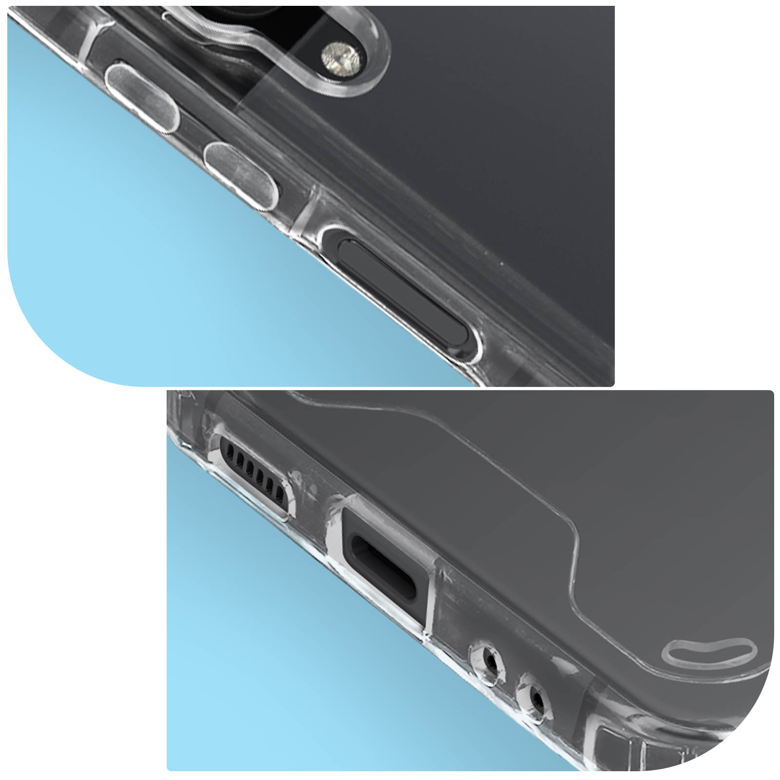Close-up van een doorzichtige telefoonhoes met knoppen en poorten.