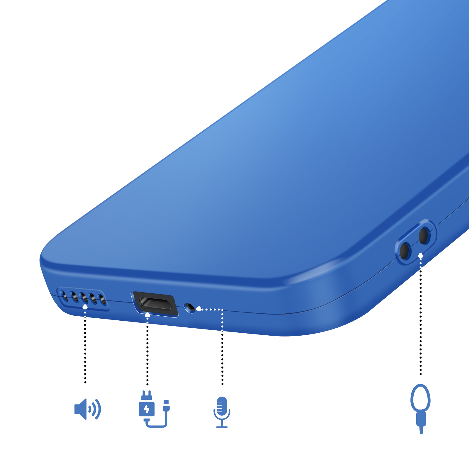 Appareil bleu montrant haut-parleur, port de charge, micro et prise casque.