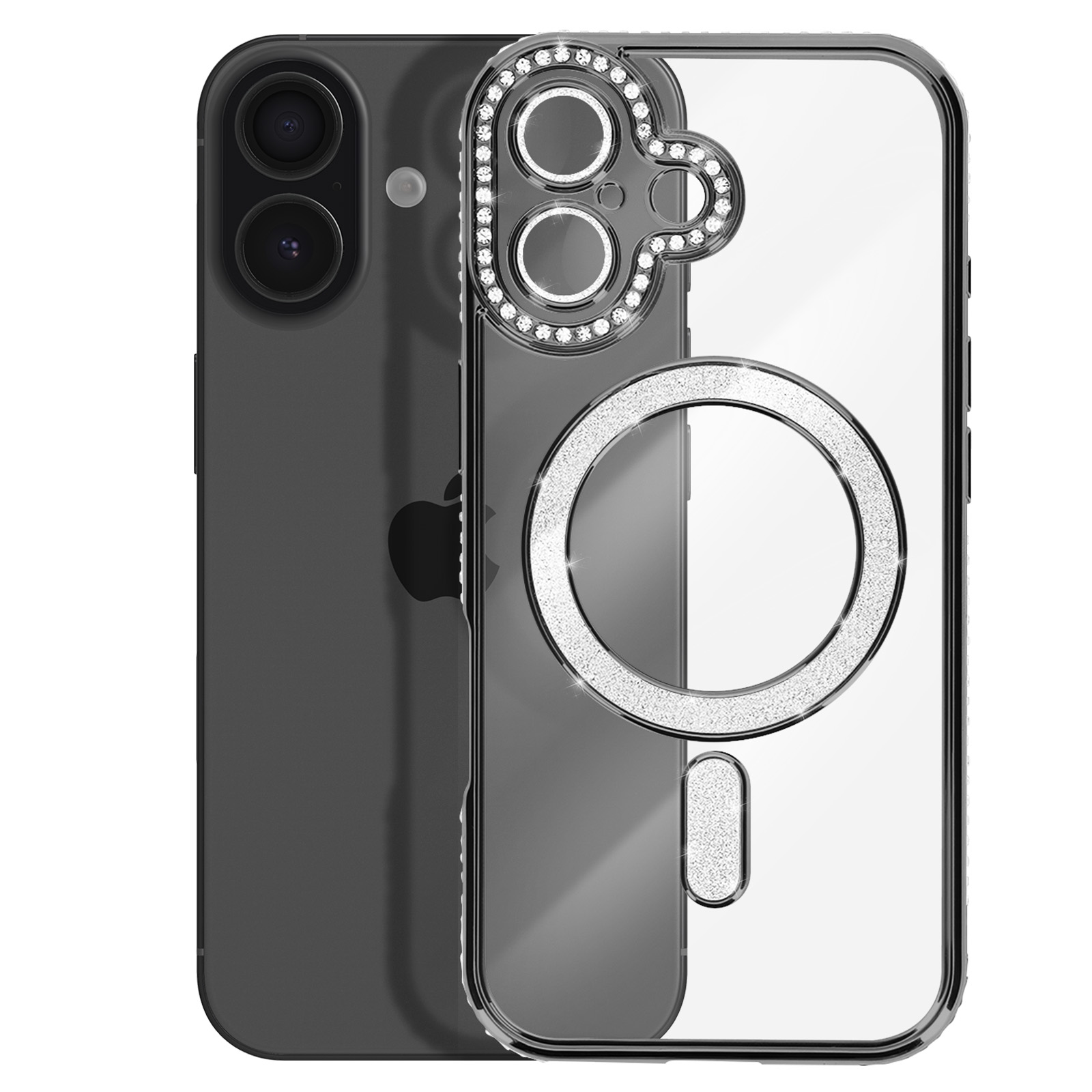 Un iPhone noir avec une coque transparente ornée de paillettes.