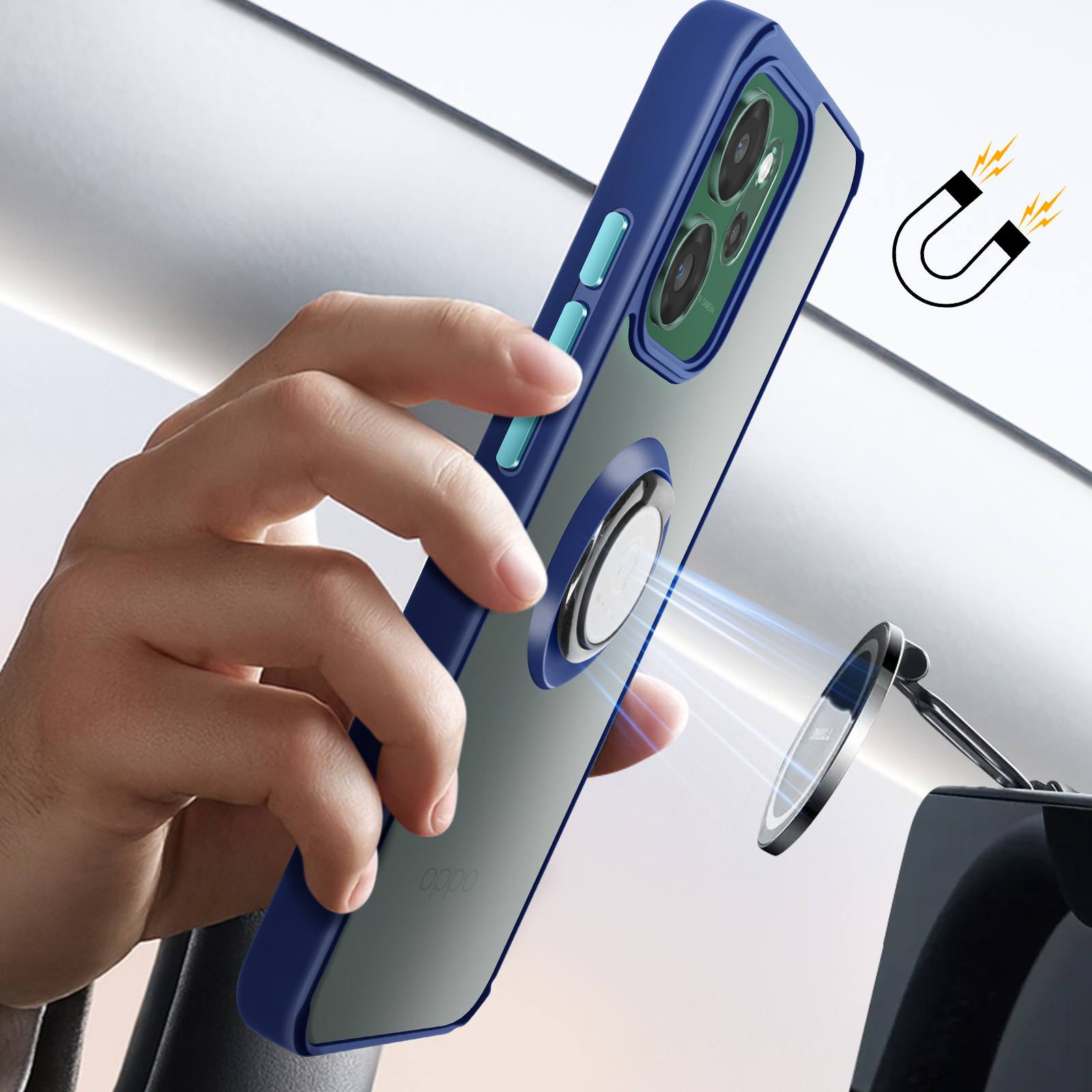 Een hand houdt een blauwe telefoon met ringhouder aan een magnetische autohouder.