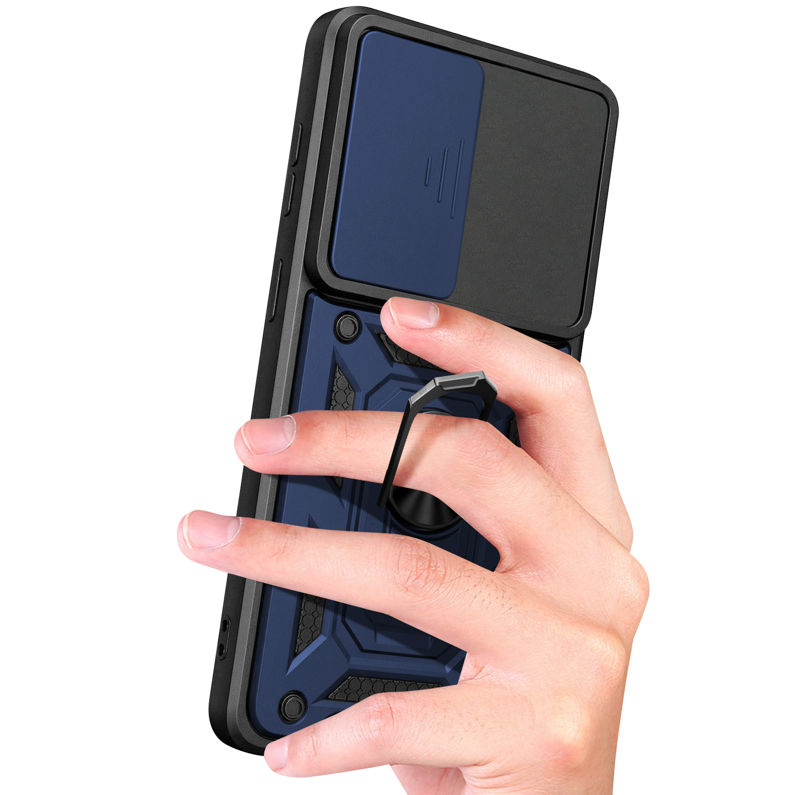 Une coque de téléphone bleue avec support bague et compartiment coulissant.