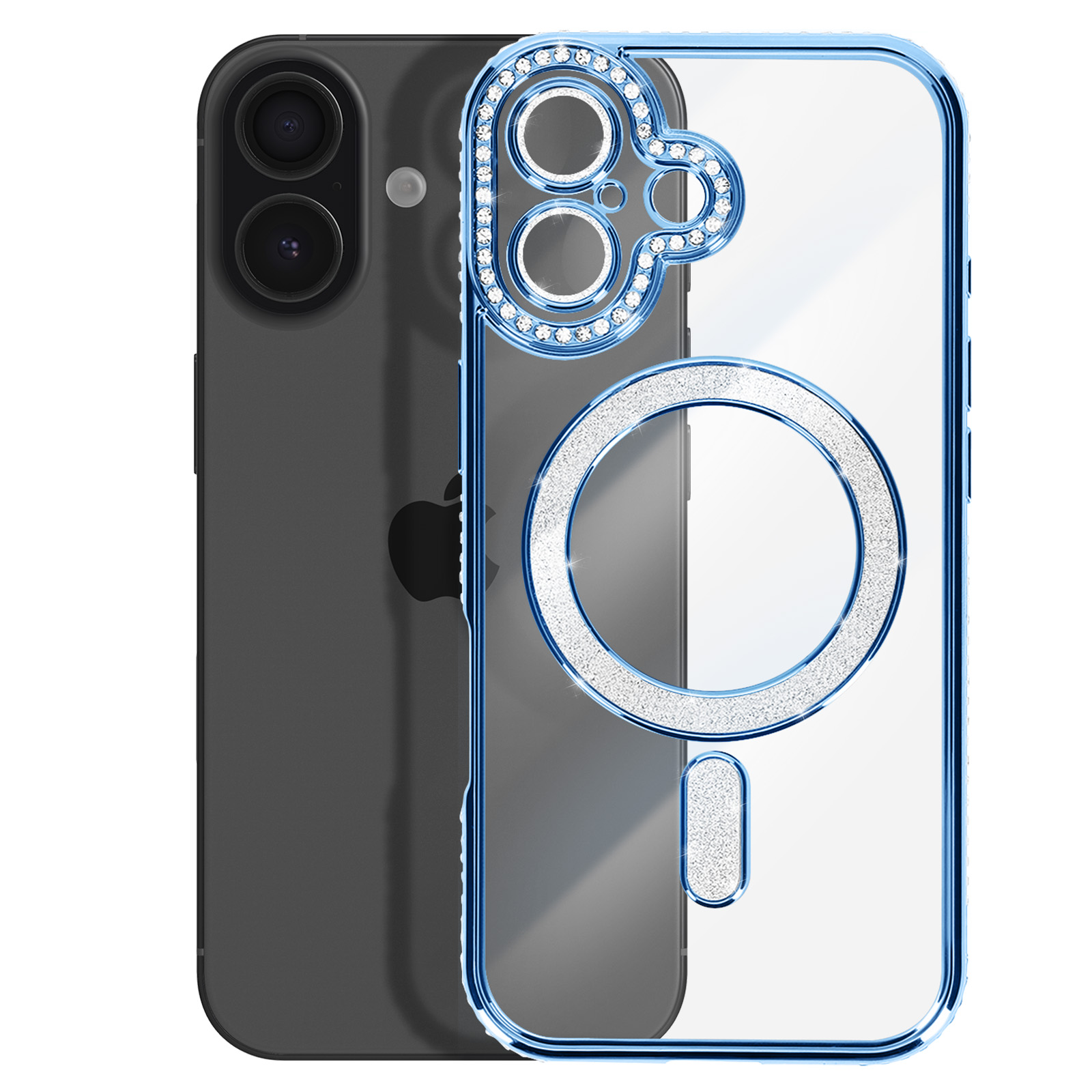 Une coque de téléphone transparente avec bordure bleue, paillettes et anneaux.