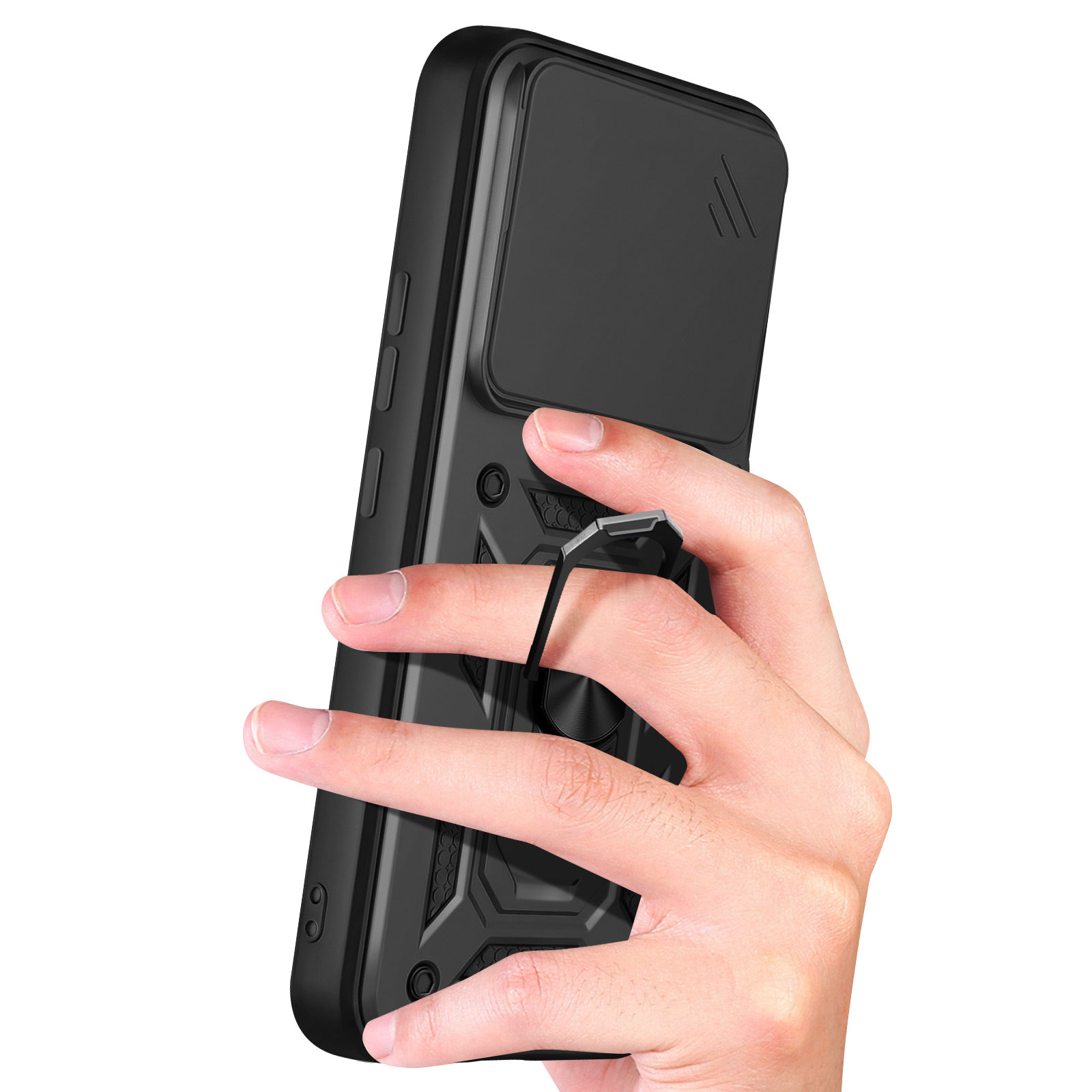Coque de téléphone noire avec béquille et cache coulissant pour appareil photo.