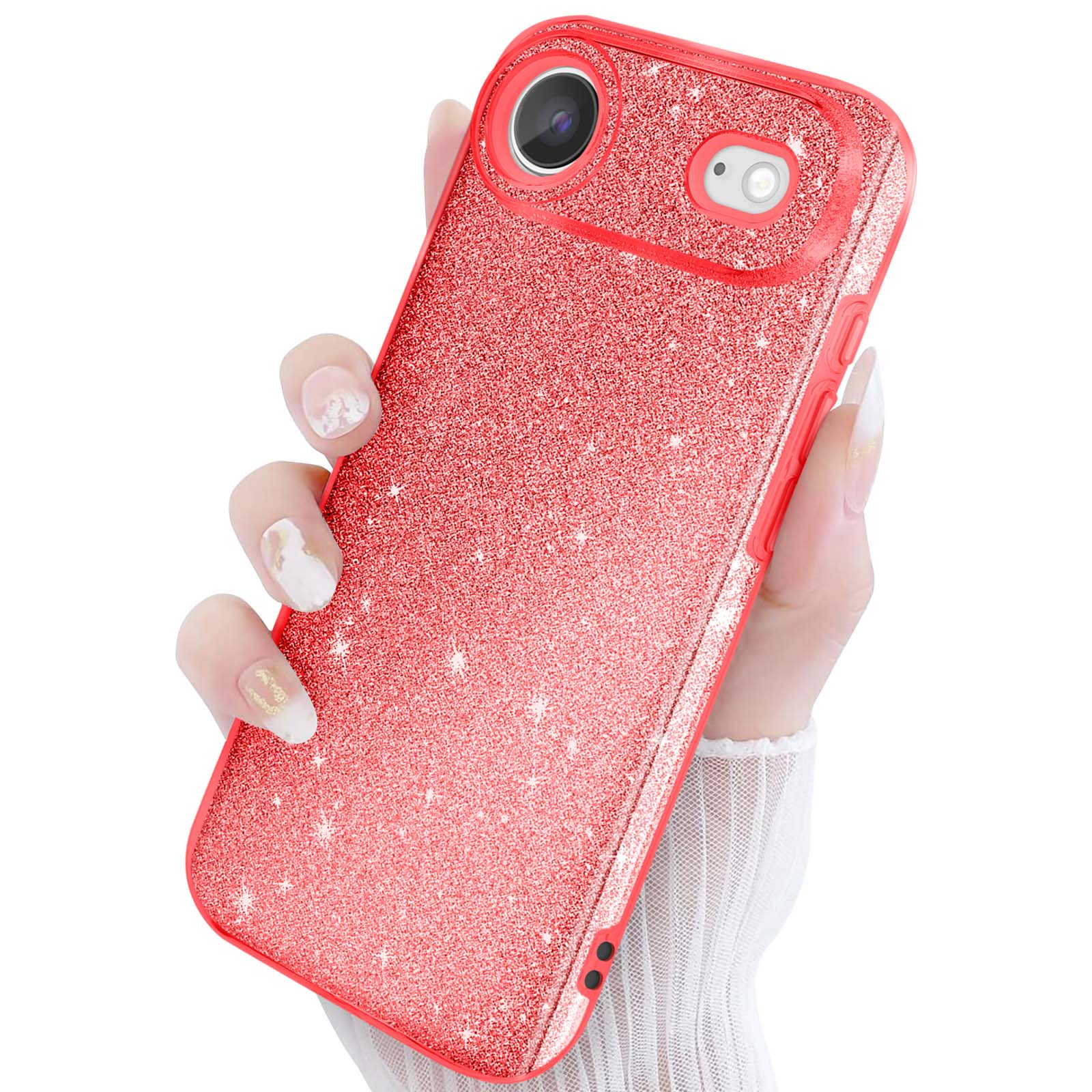 Une main tient une coque de téléphone rouge étincelante avec découpe caméra.