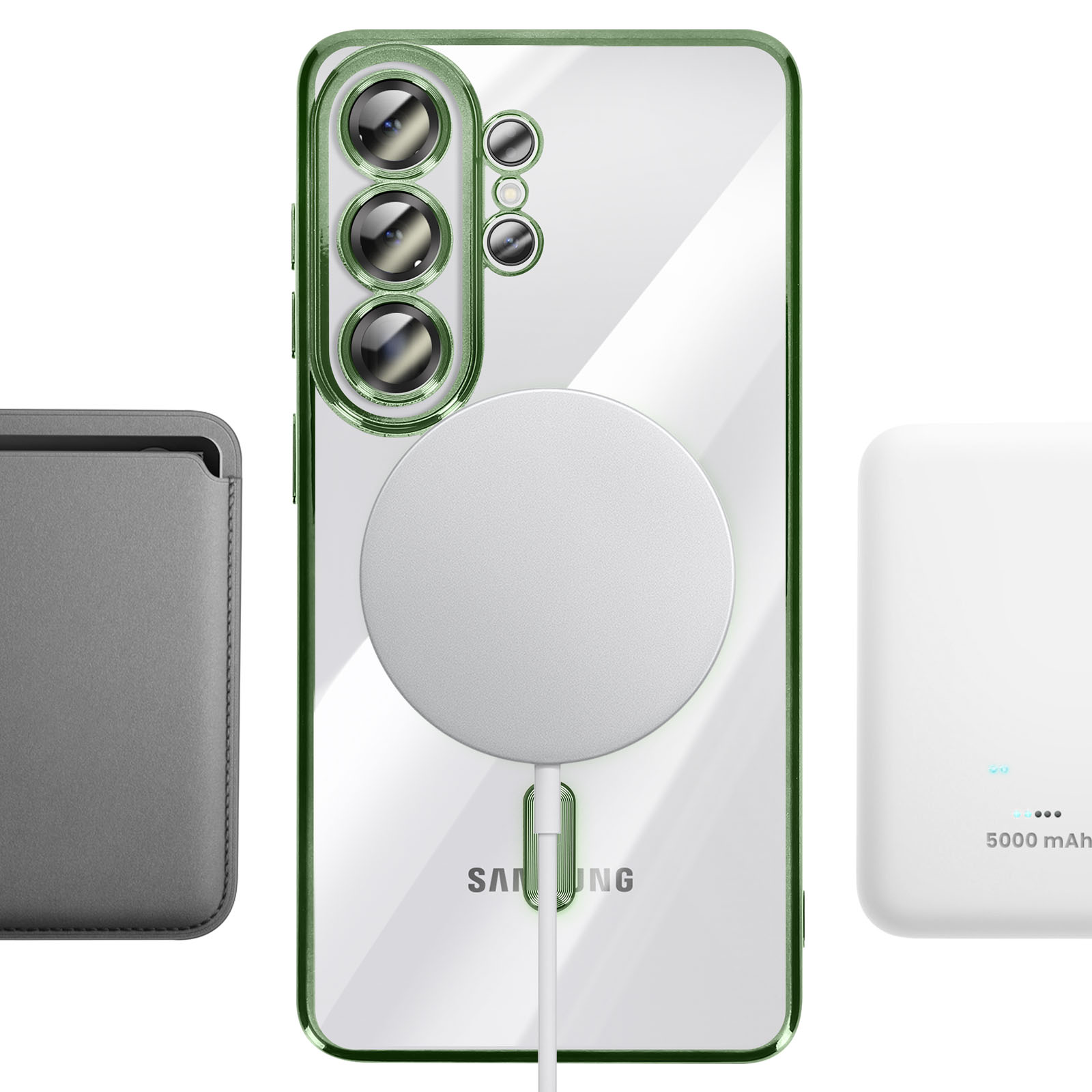 Un smartphone avec étui vert, chargeur et batterie externe.