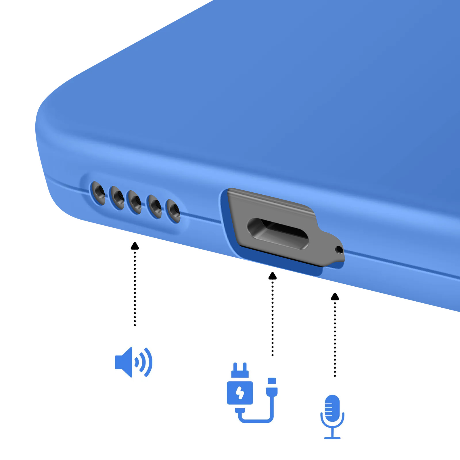 Coque de téléphone bleue avec port de chargement, micro et haut-parleur.