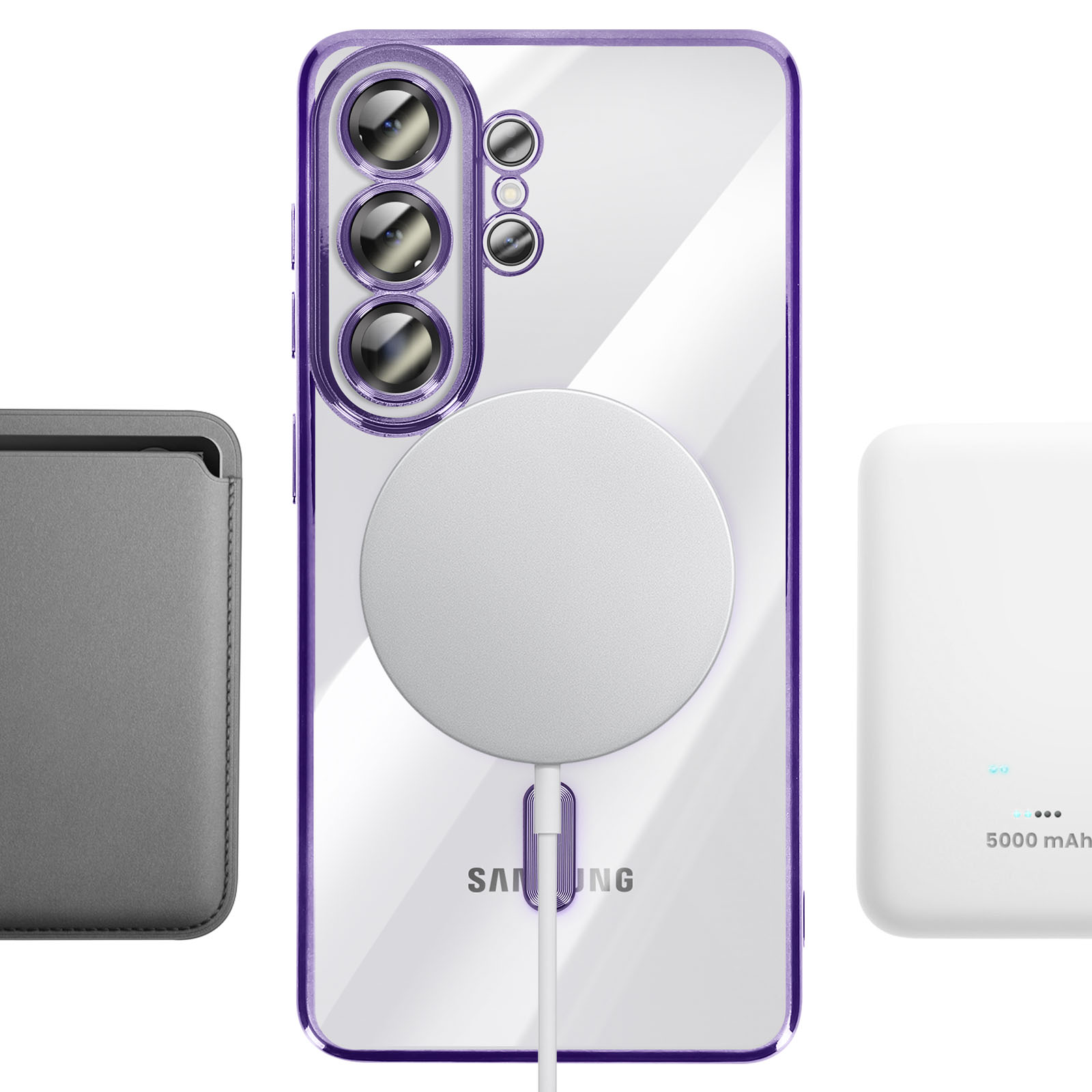Un smartphone avec chargeur MagSafe, étui gris et batterie externe blanche.