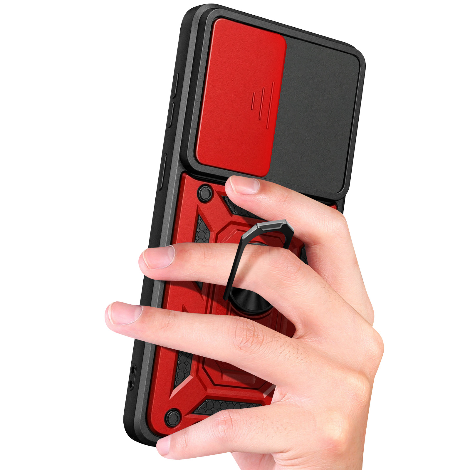 Een rood en zwart telefoonhoesje met ringhouder, vastgehouden door een hand.