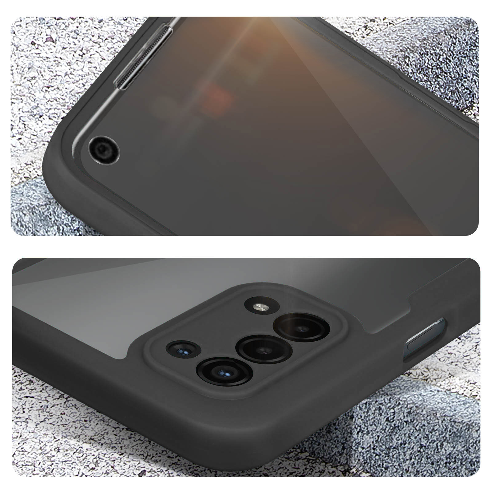 Coque de téléphone noire avec caméras et bords visibles sur fond de pierre.