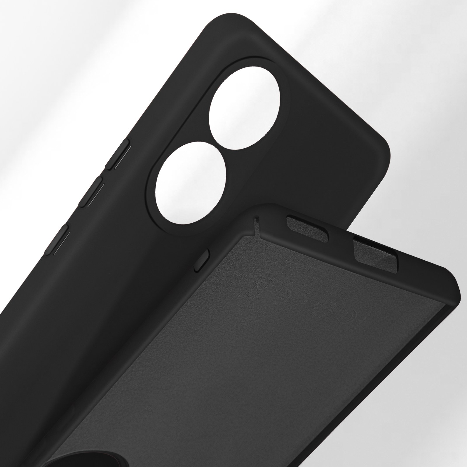 Custodia nera per telefono con due ritagli rotondi per fotocamera e pulsanti laterali.