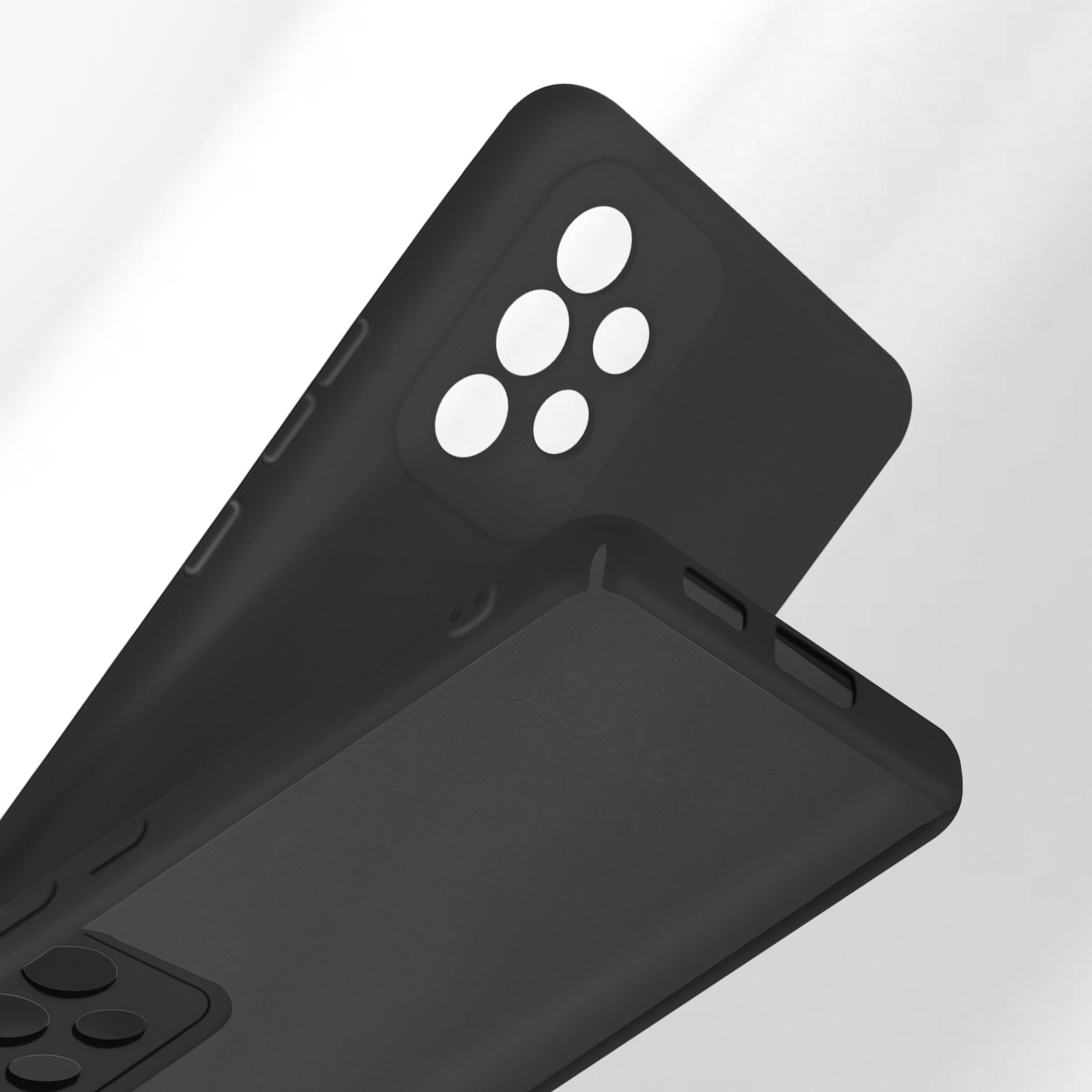 Deux coques de téléphone noires empilées. La coque supérieure montre une découpe caméra avec cinq cercles.