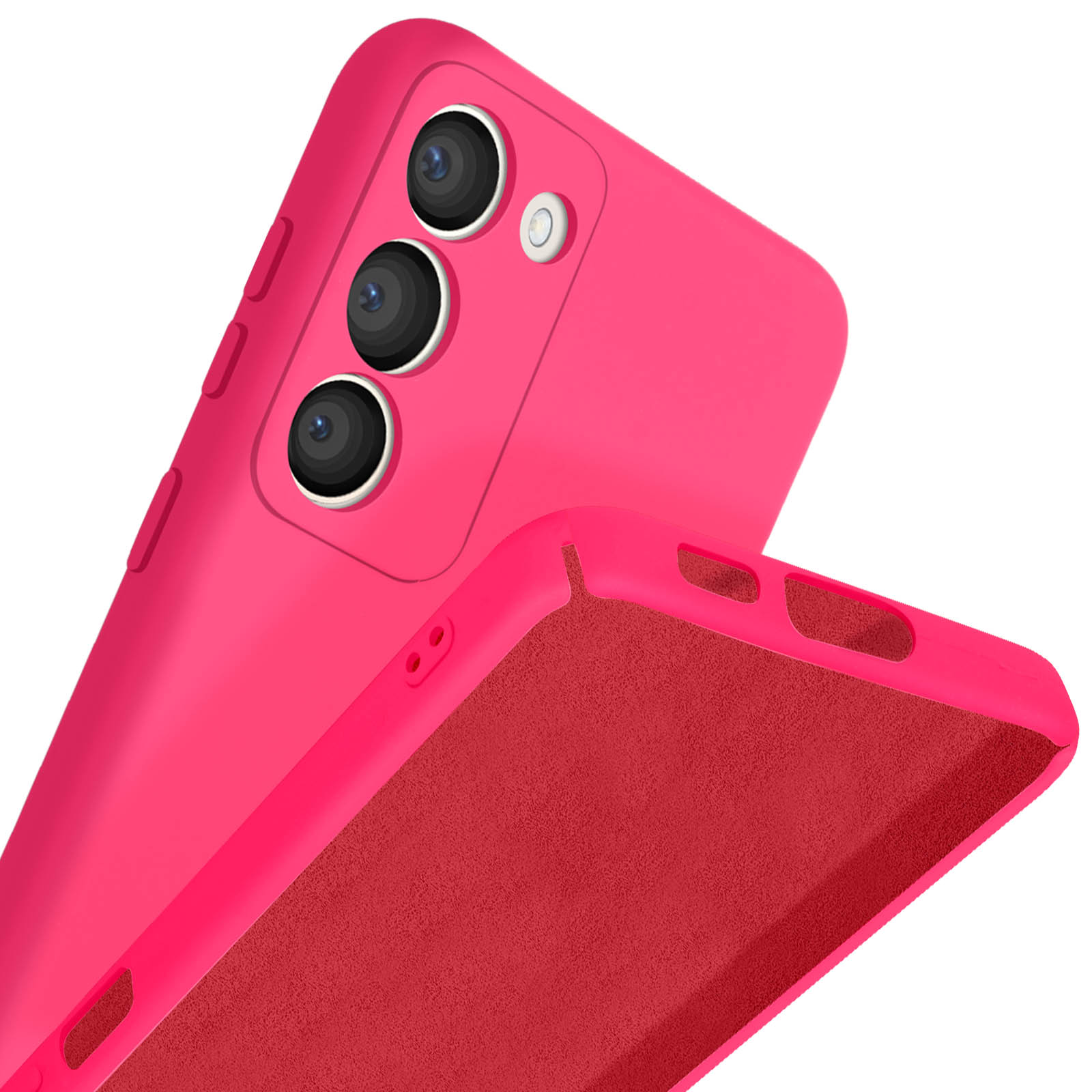 Una cover per telefono rosa con tre lenti della fotocamera e fodera rossa.