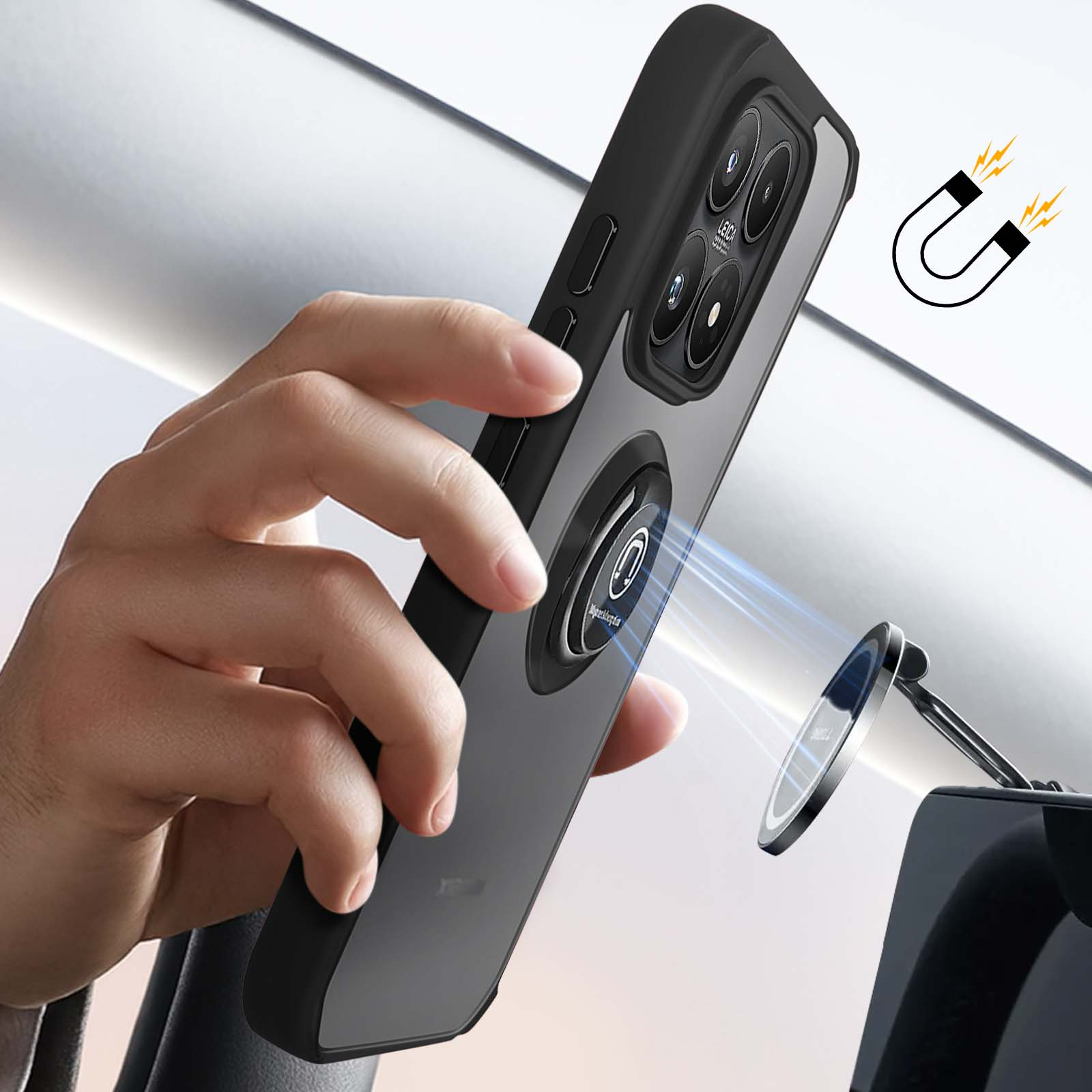 Hand houdt telefoon met magnetische houder in auto. Magneet symbool.