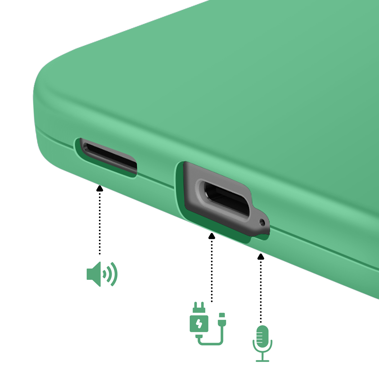 Coque de téléphone verte montrant les ports : haut-parleur, chargeur, micro.