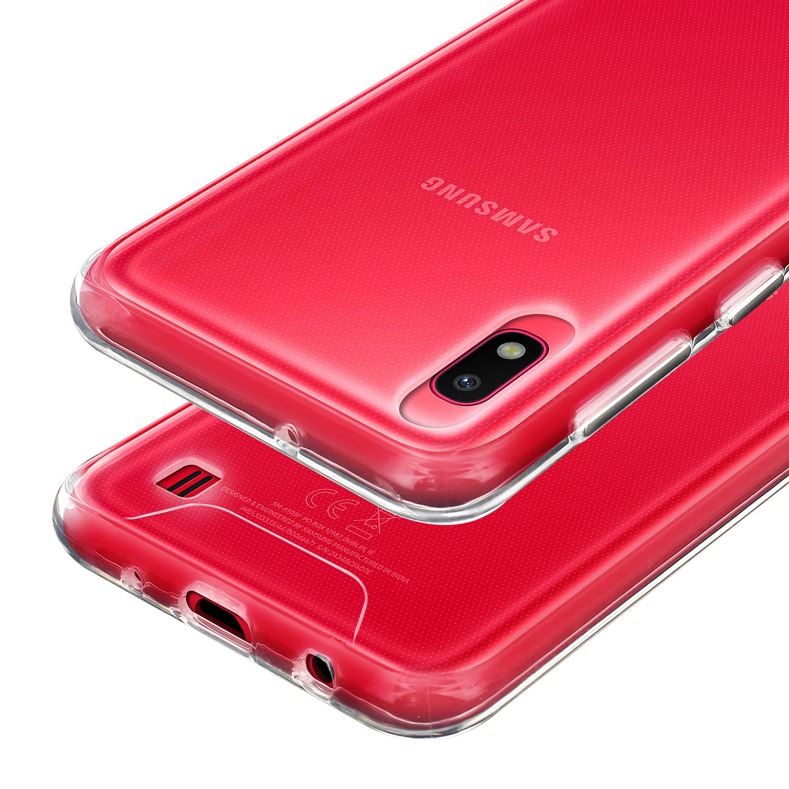 Deux téléphones Samsung rouges dans des coques transparentes, l'un sur l'autre.