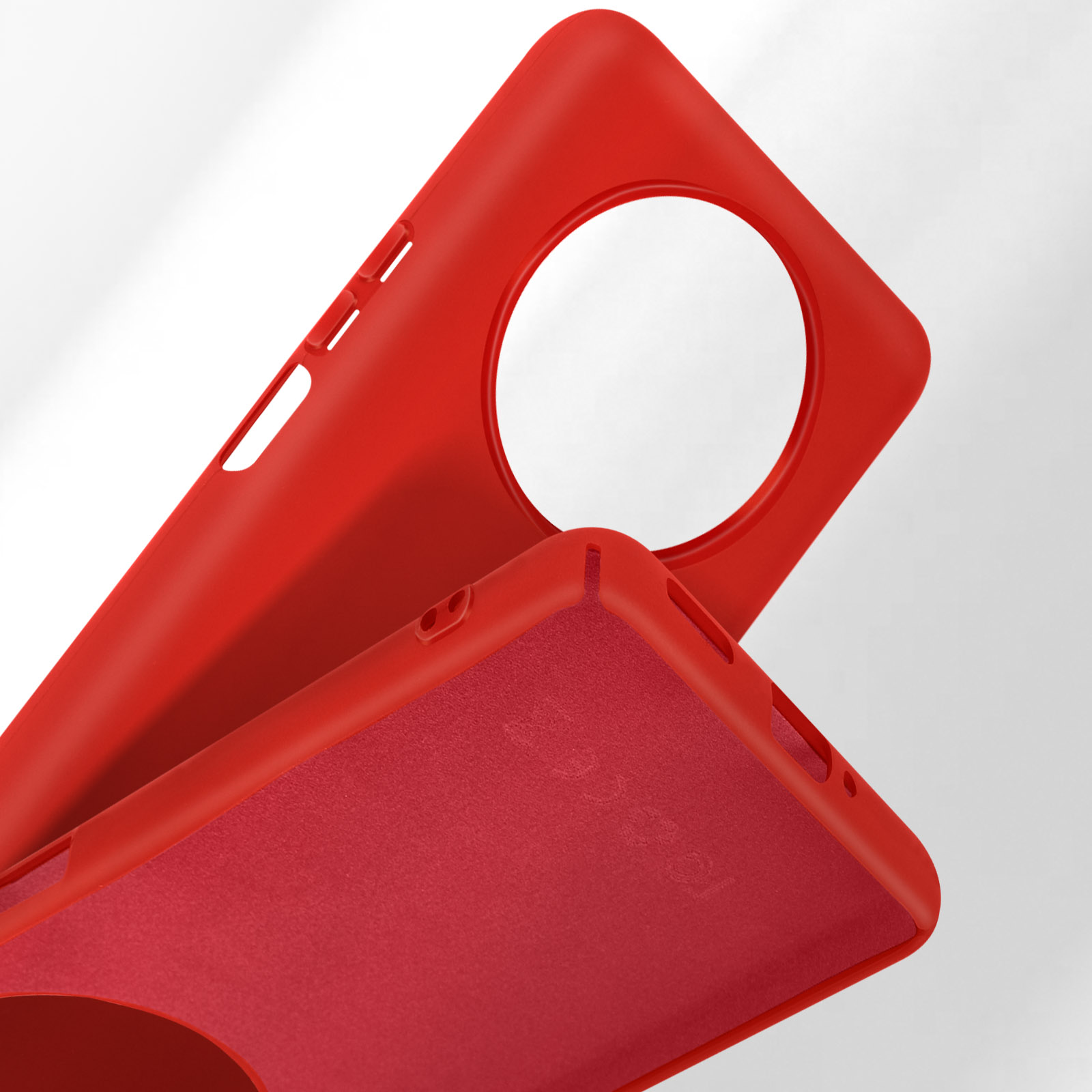 Coque de téléphone rouge avec découpes pour appareil photo et boutons.