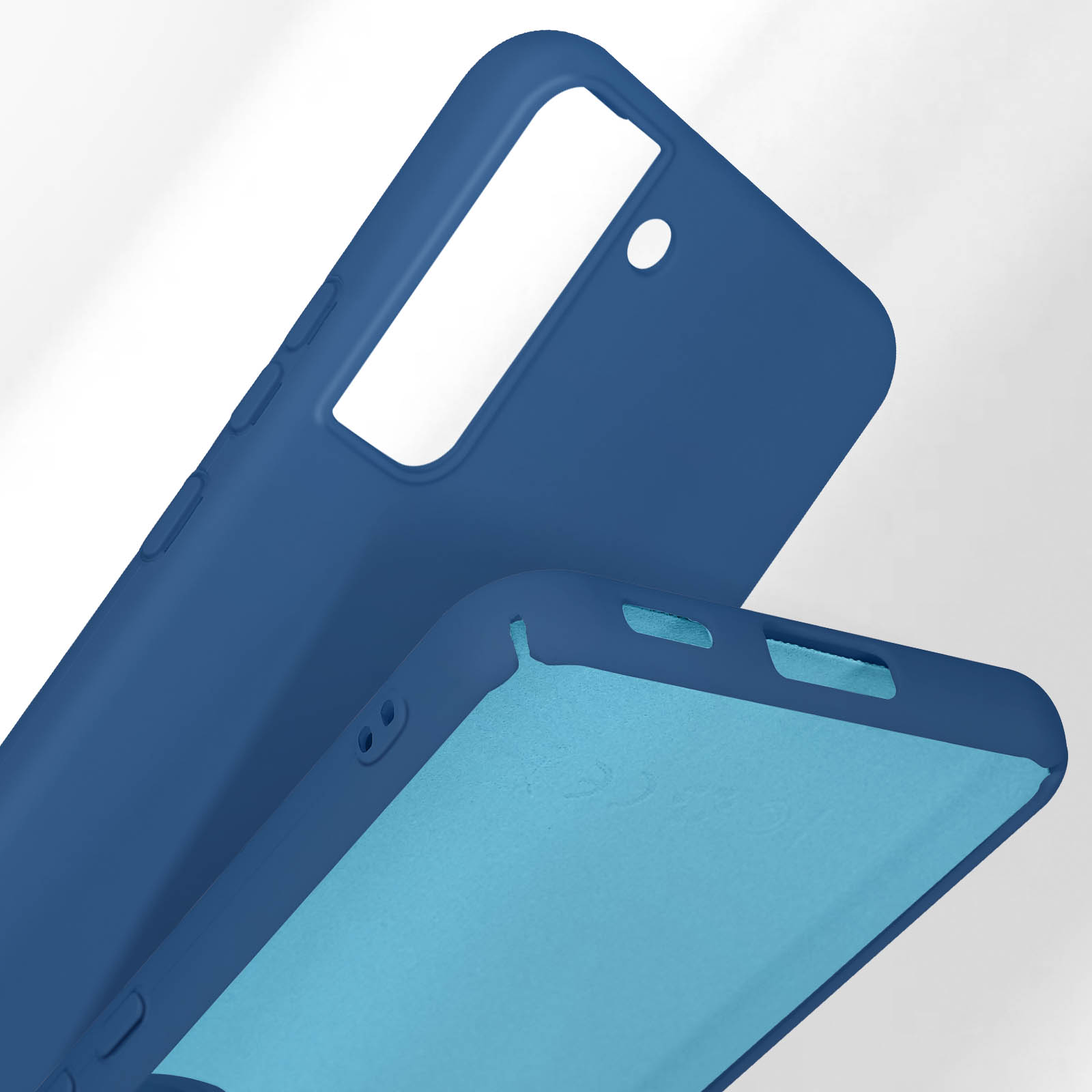 Twee blauwe telefoonhoesjes op elkaar, één open.