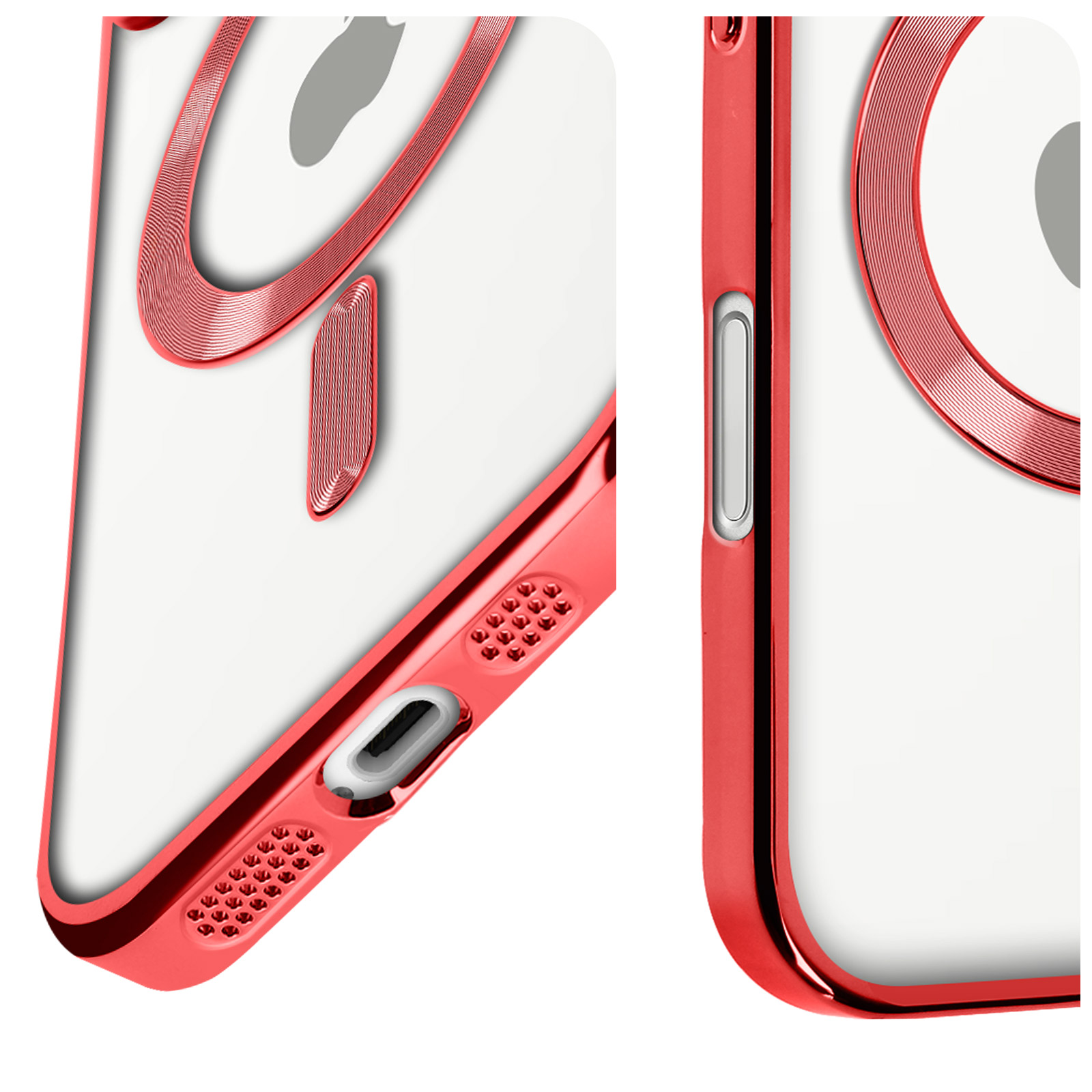 Custodia rossa per smartphone con porta di ricarica e fori dell'altoparlante.