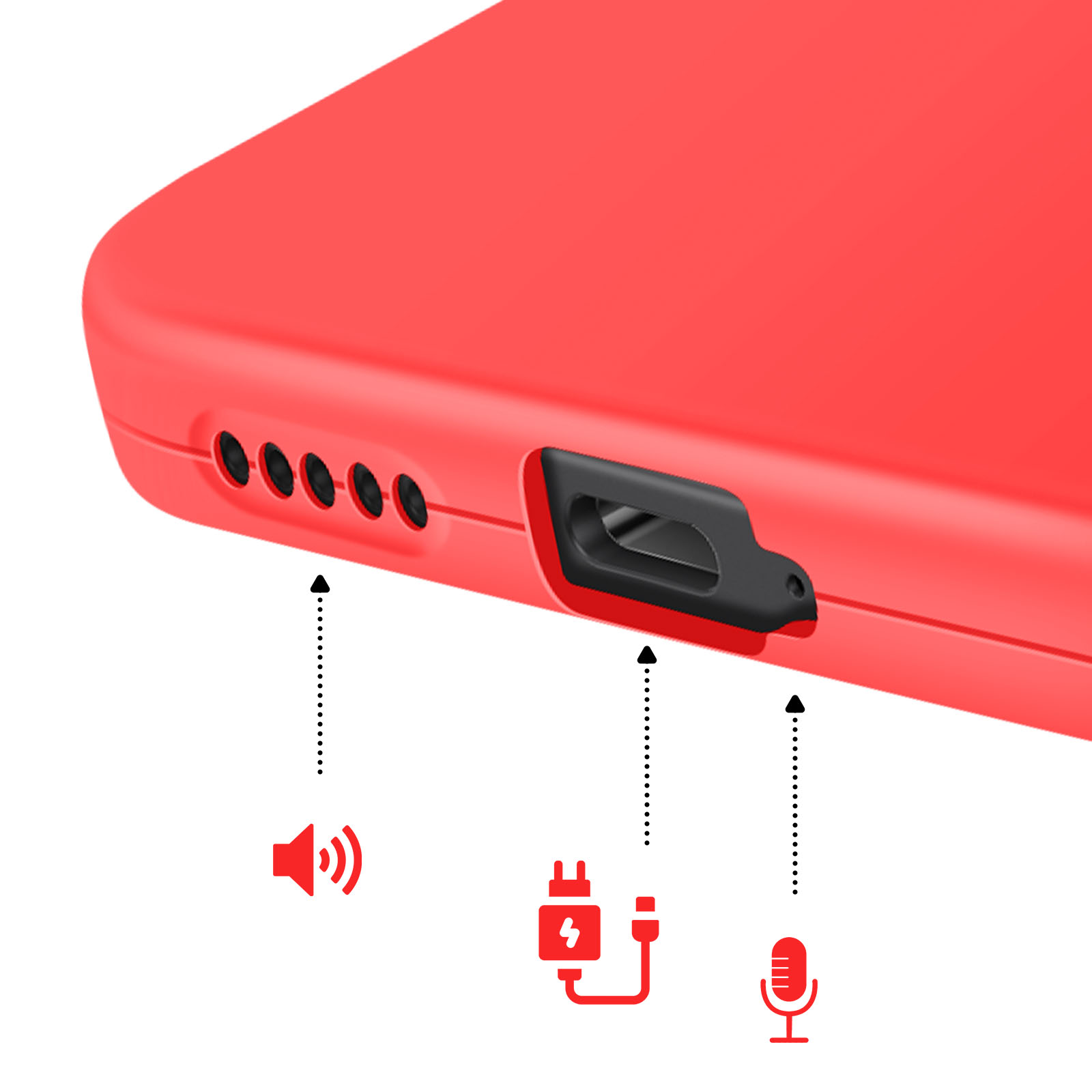 Coque de téléphone rouge avec ports haut-parleur, charge et micro.