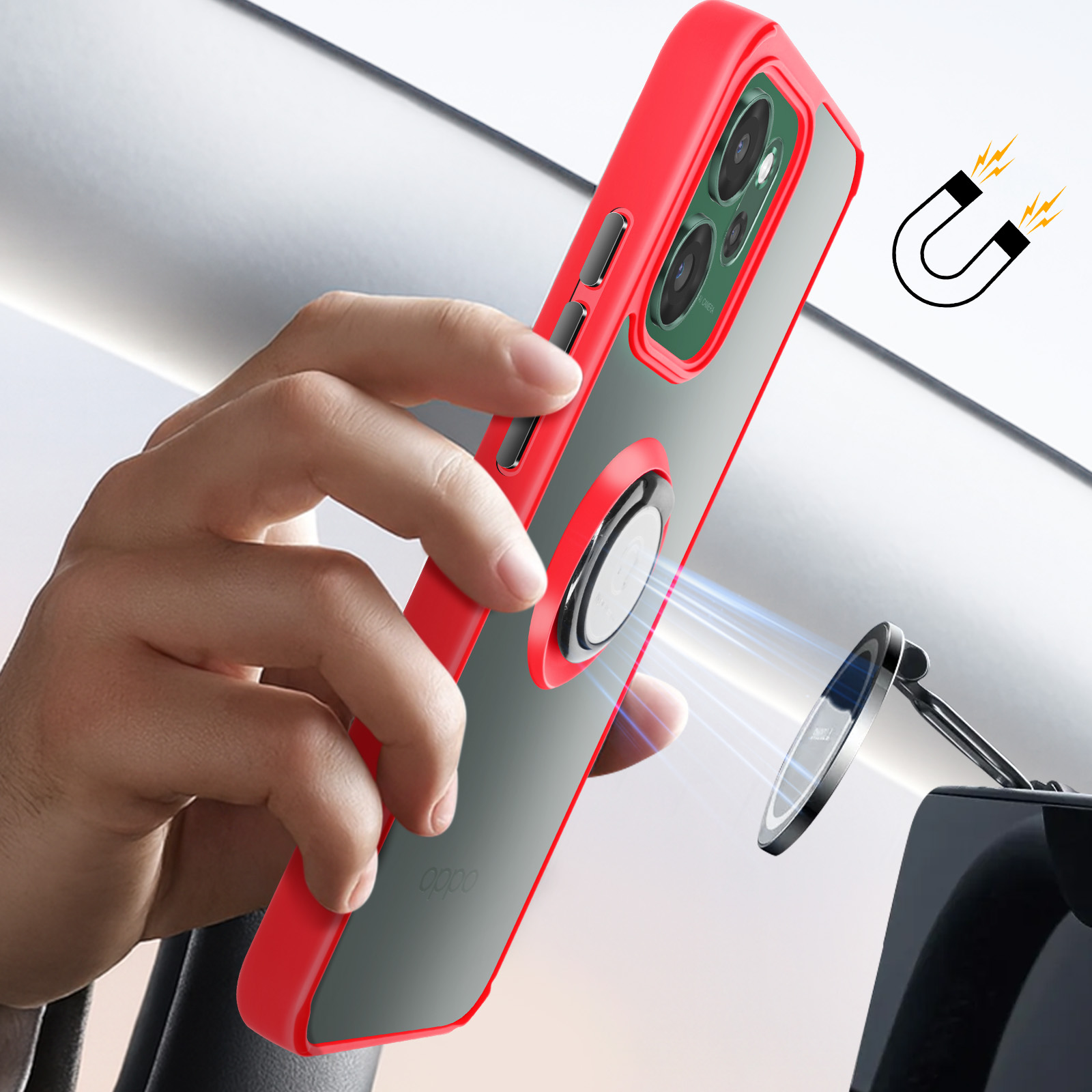 Coque de téléphone rouge avec support anneau tenue par main, attraction magnétique.