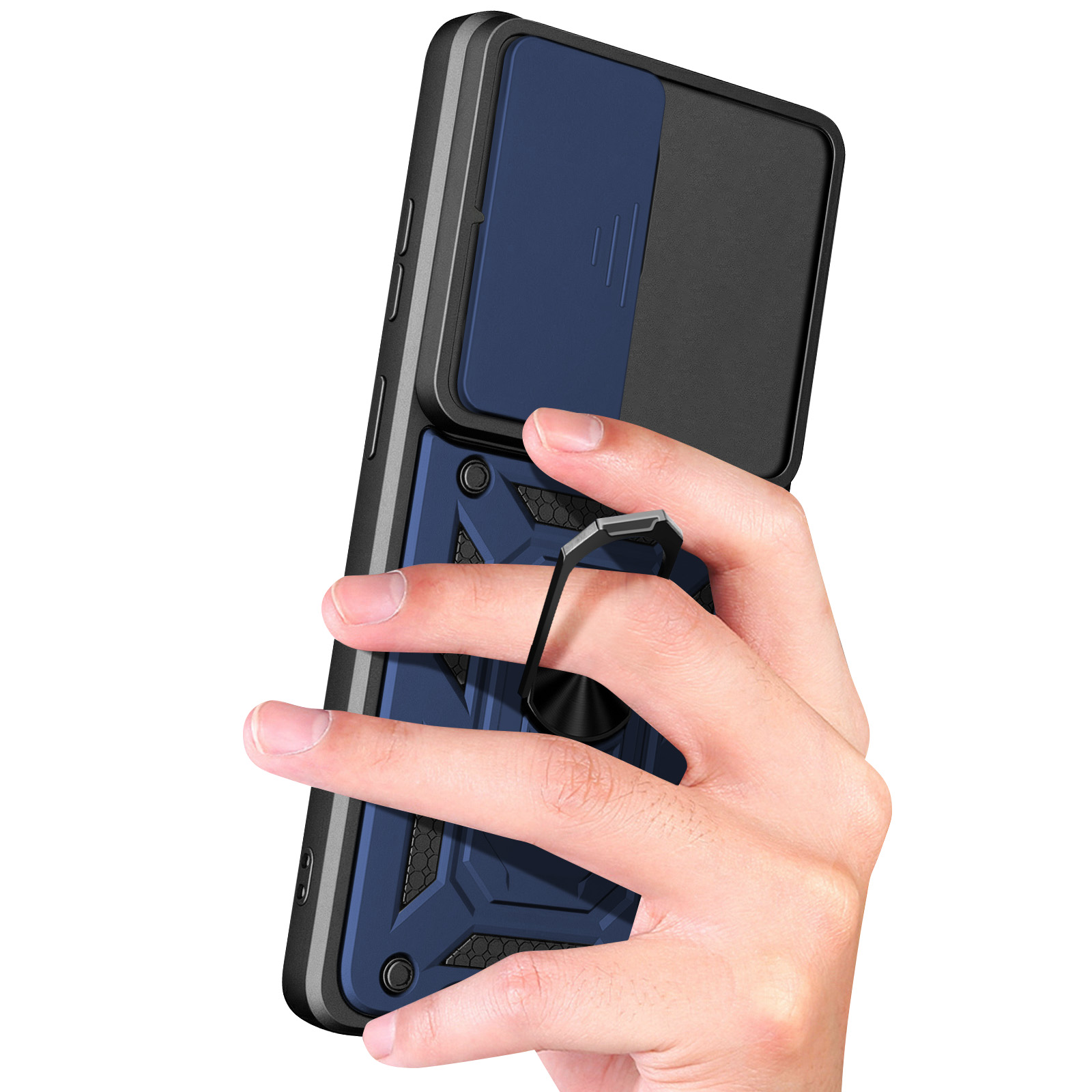 Custodia blu per telefono con copri-fotocamera scorrevole e anello, tenuta da una mano.