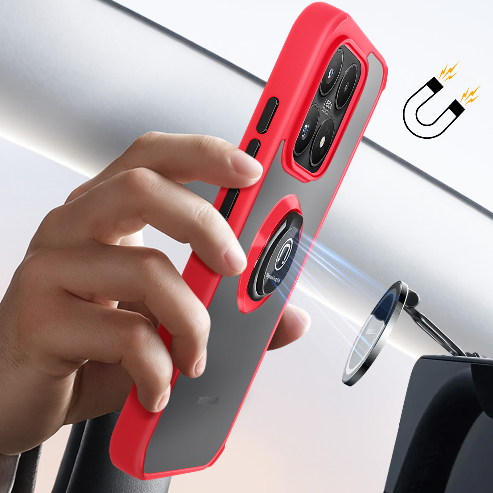 Rode telefoonhoes met magneetring bevestigd aan auto-houder.