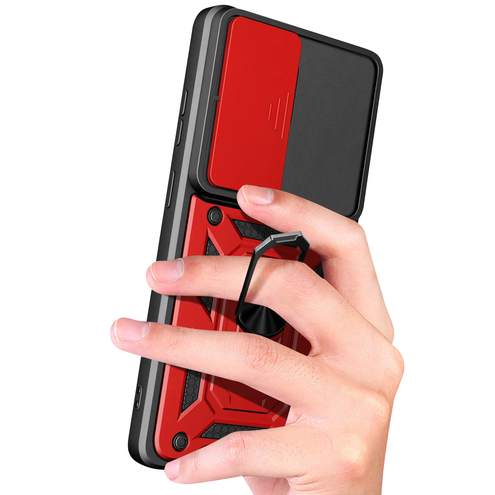 Custodia per telefono rossa e nera con anello portaoggetti, tenuta da una mano.