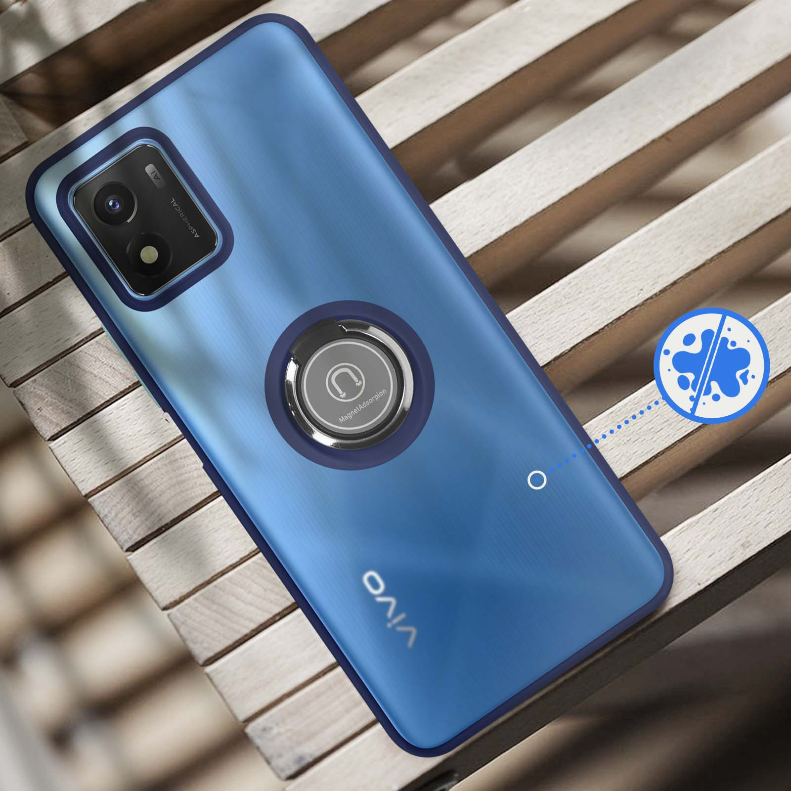 Smartphone bleu avec support annulaire sur surface en bois. Symbole d'éclaboussure d'eau.