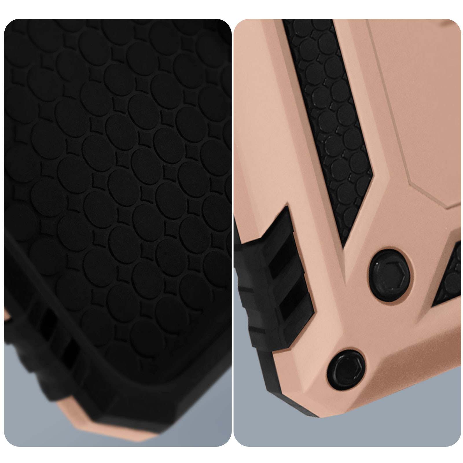 Gros plan de deux parties de coque de téléphone : noire à motif circulaire et beige avec accents noirs.