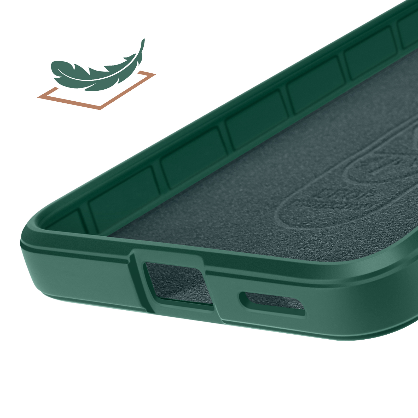 Coque de téléphone vert foncé avec icône de plume et texture.