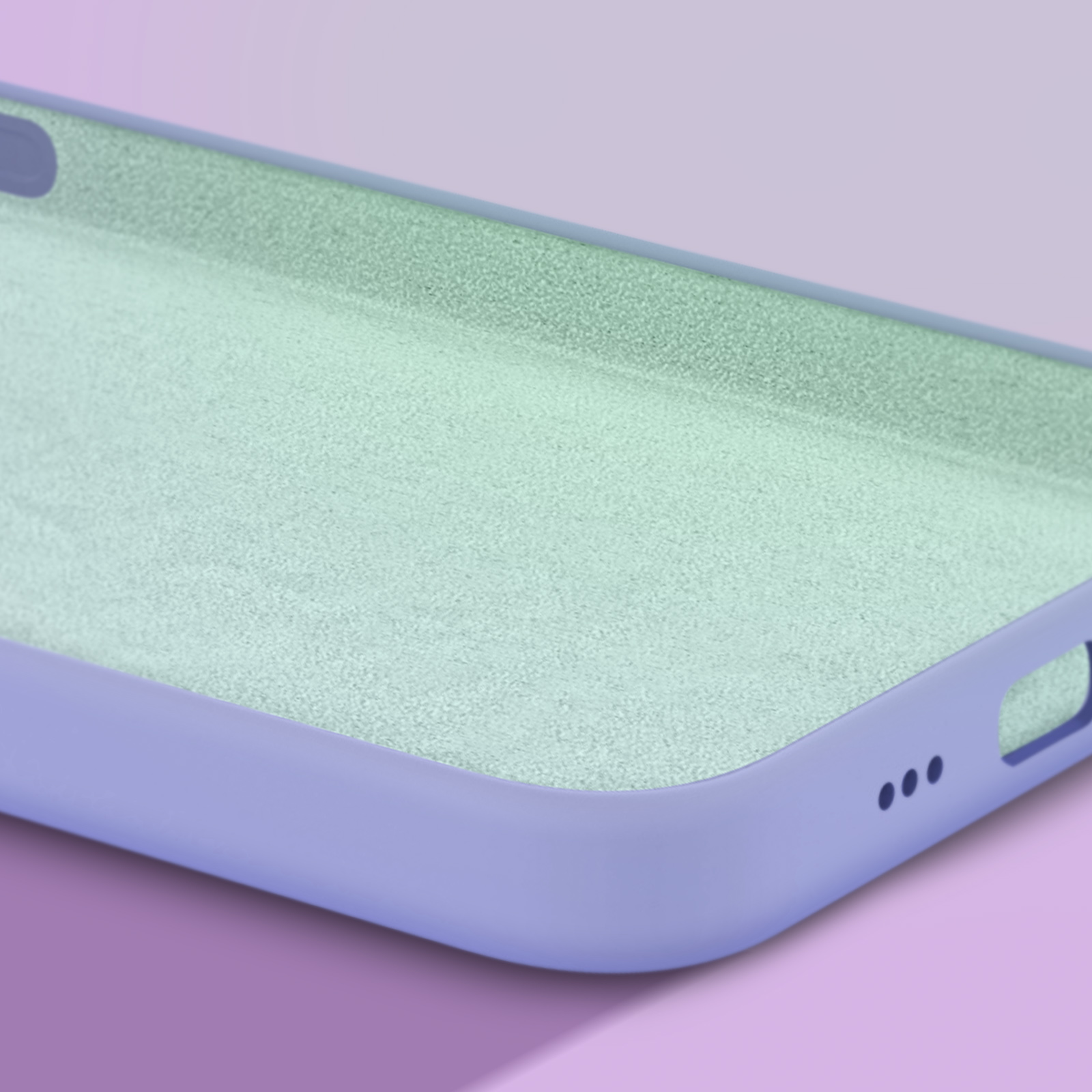 Paarse telefoonhoes met mintgroene voering, close-up.