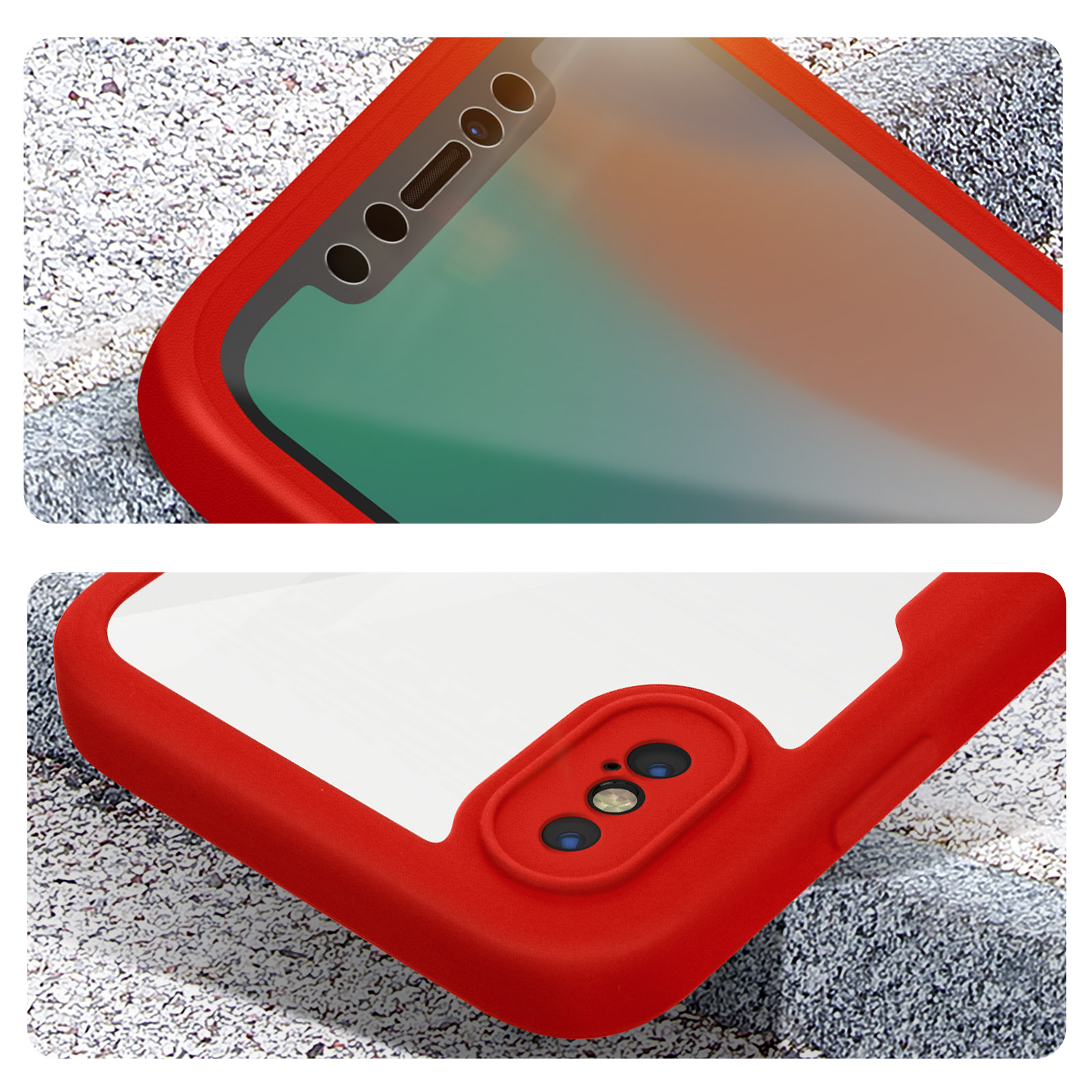 Een rode smartphone met camera's en luidspreker op een stenen ondergrond.