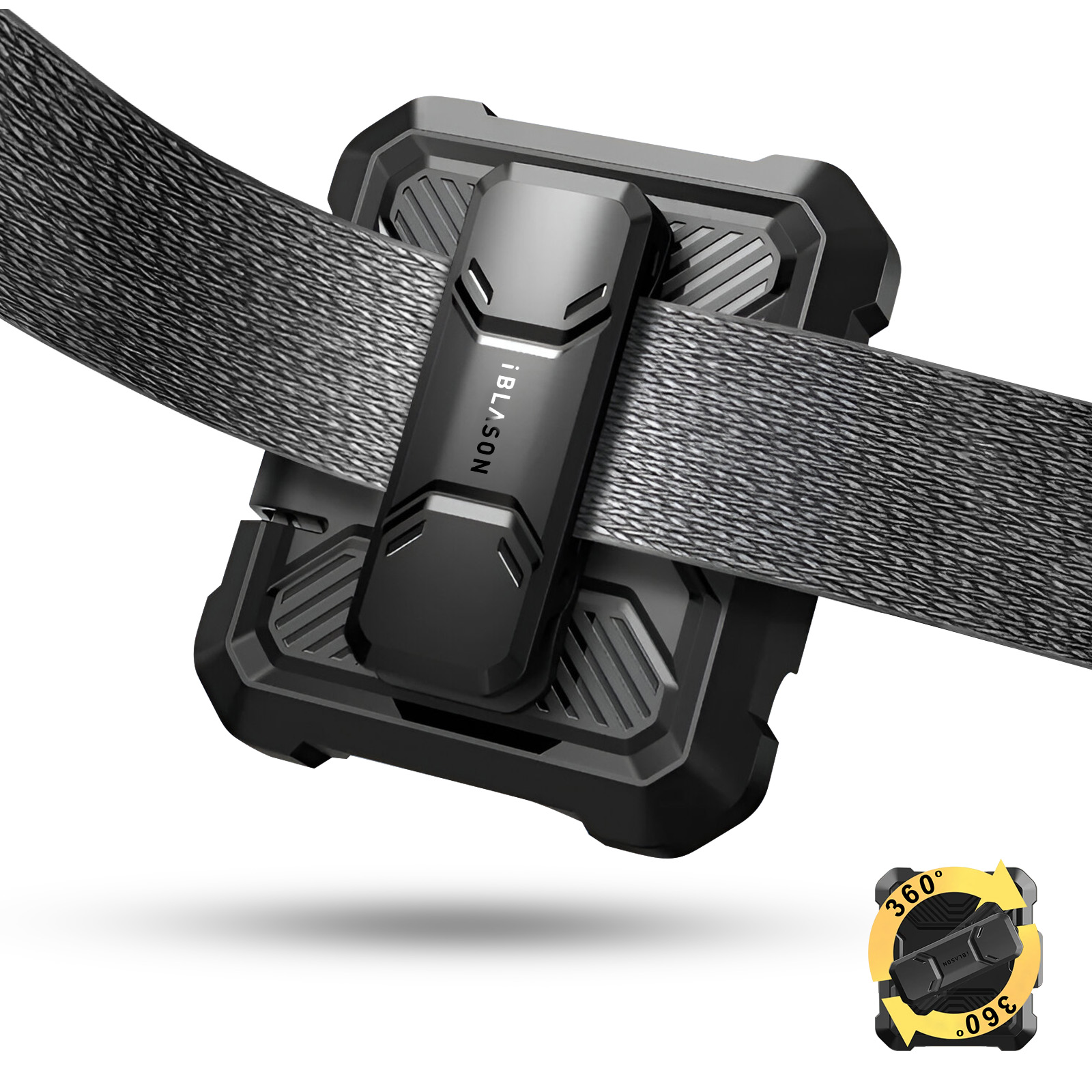 Een zwarte riemclip met iBLASON-tekst en een 360-gradensymbool.