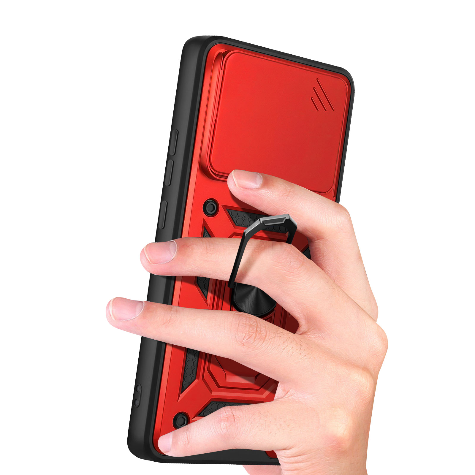 Rote Handyhülle mit schwarzem Rahmen, die von einer Hand gehalten wird, mit einem Ringhalter.