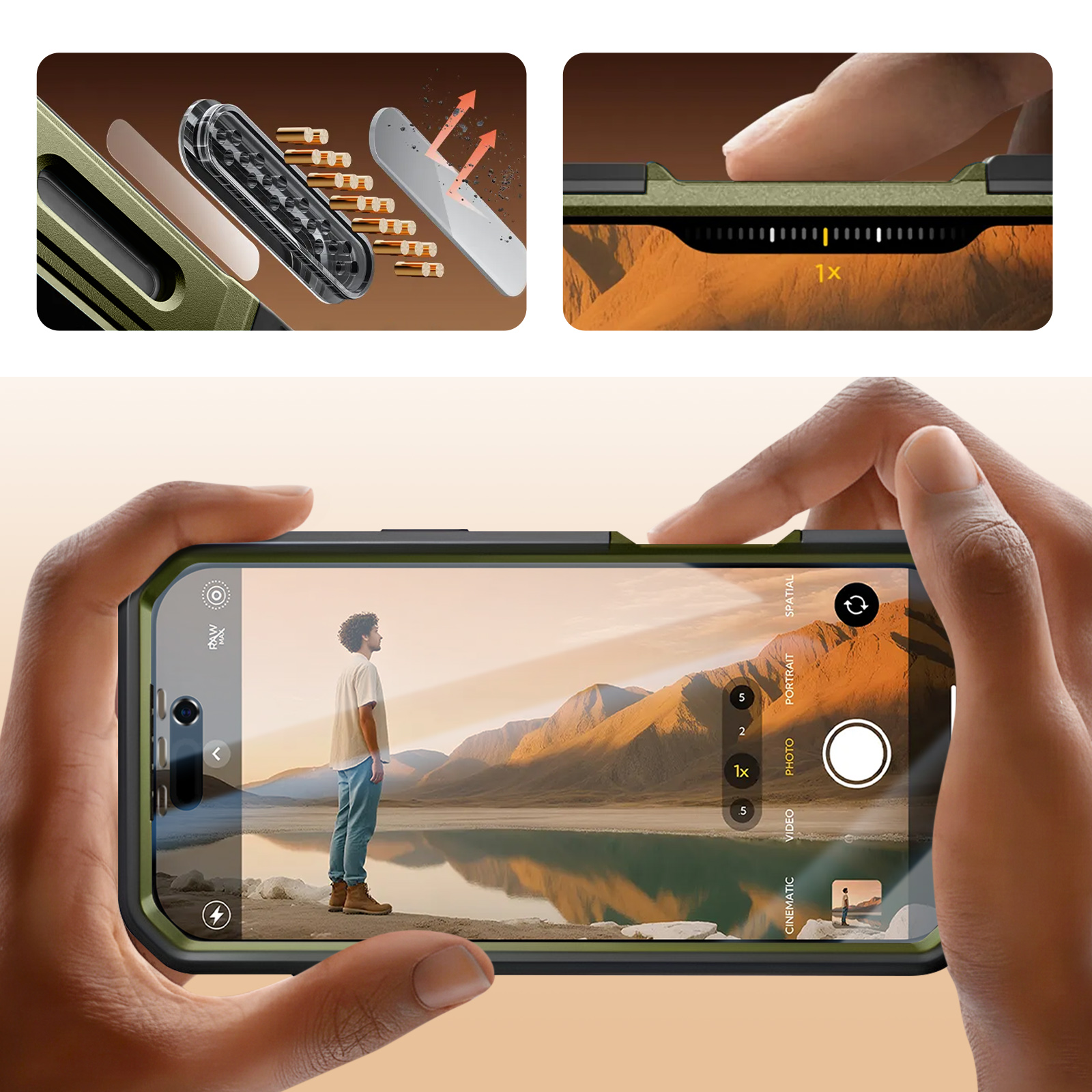 Fotocamera telefono mostra uomo vicino lago, montagne. Zoom 1x. Dettagli cover.